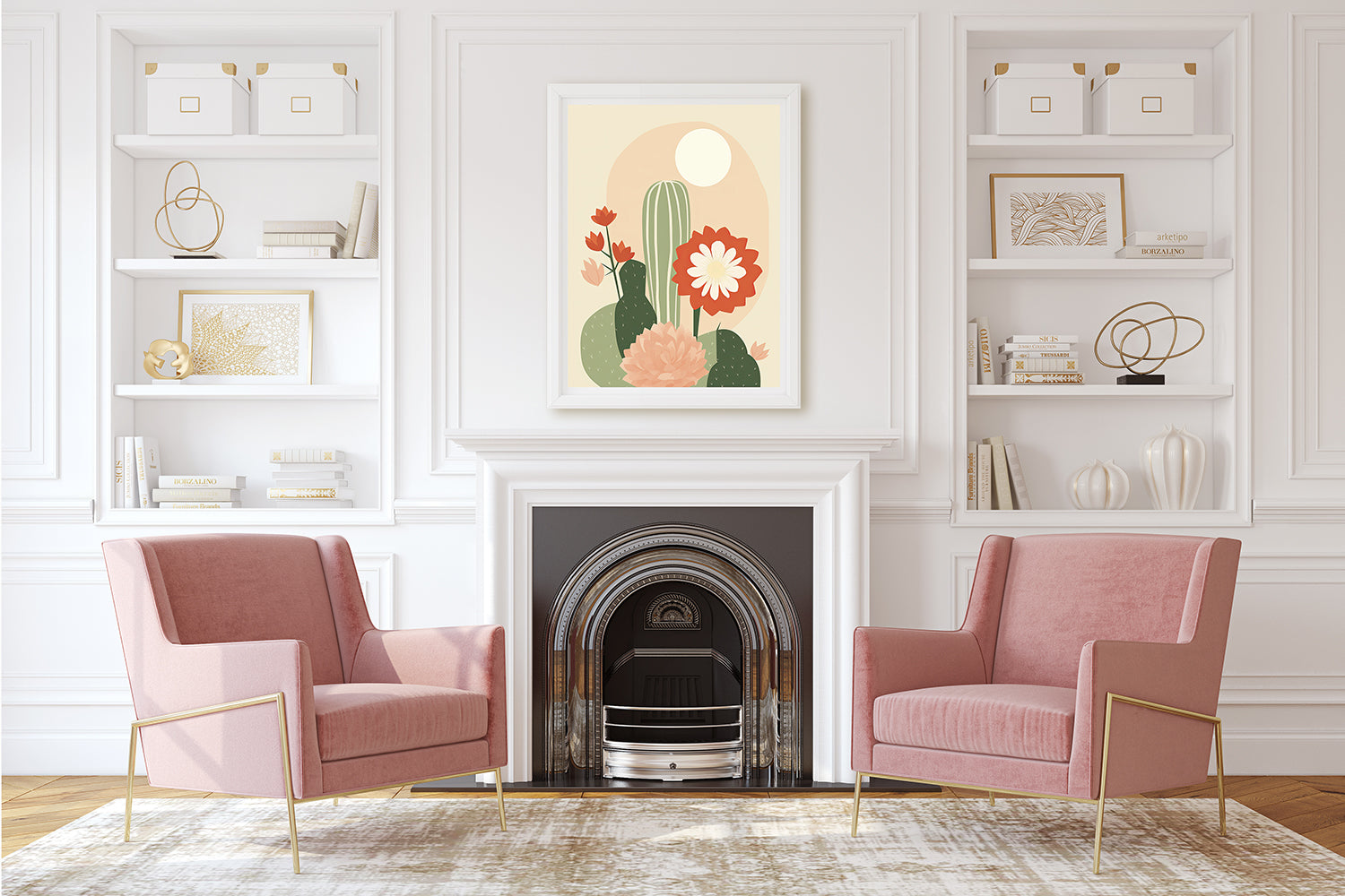 Blooming Boho Oasis wall art featuring cacti and flowers in warm colors, enhancing a modern bohemian interior.