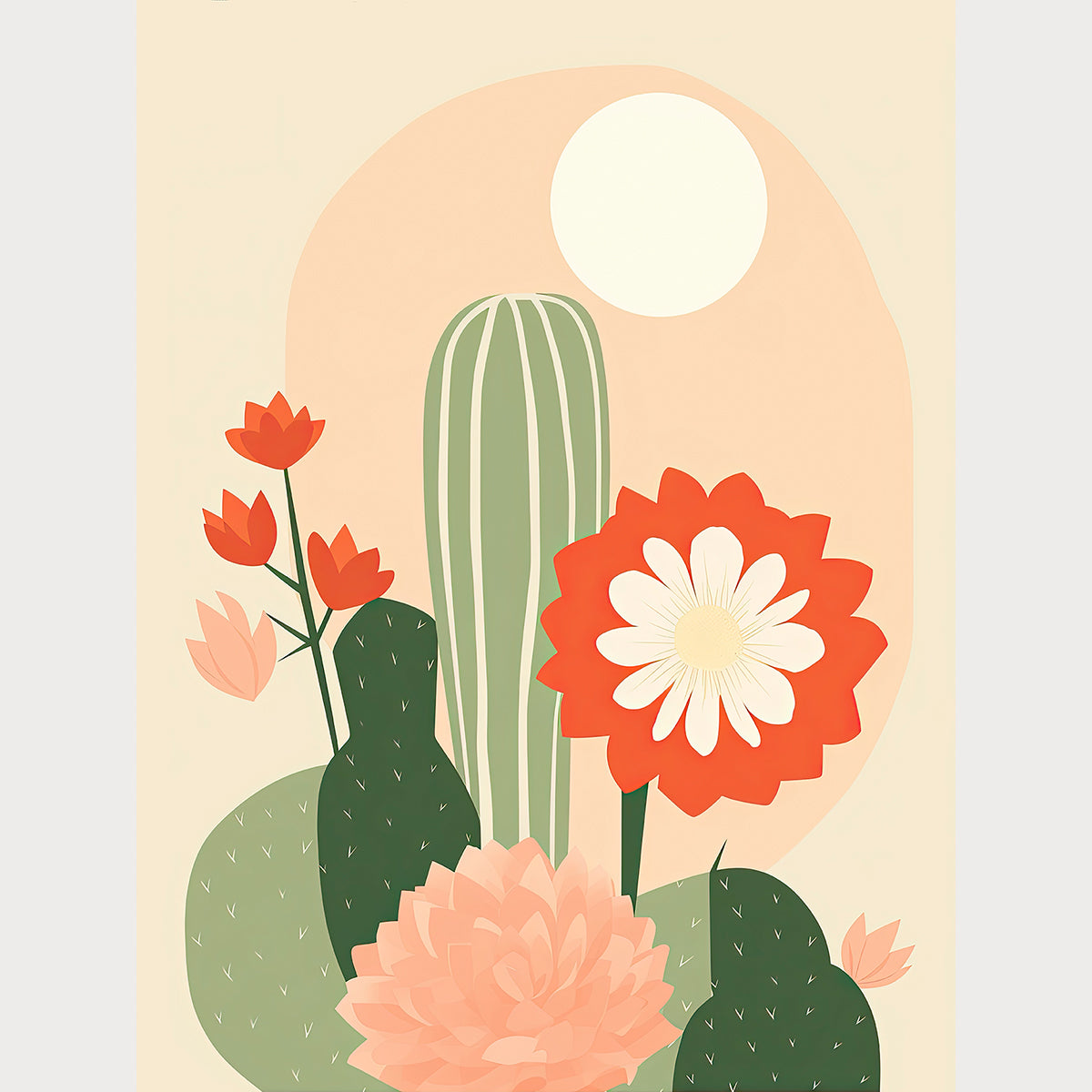 Bohemian art print featuring cacti and vibrant flowers with a rising sun in warm colors, perfect for modern wall decor.