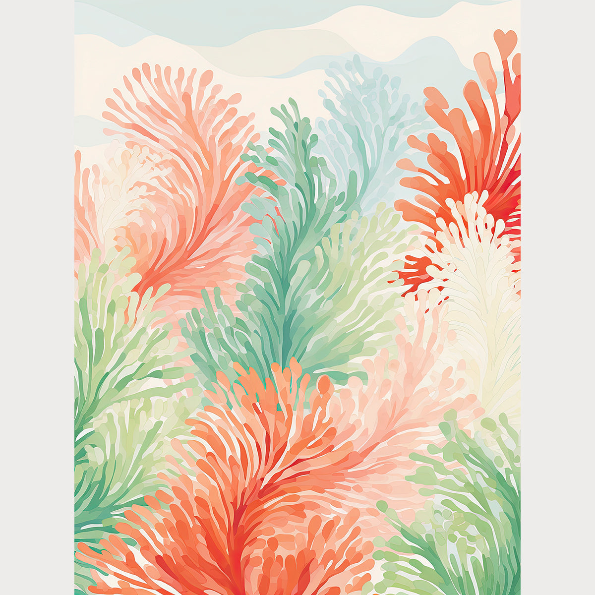 Serene Ocean Ferns art print featuring vibrant coral and sea green abstract ocean ferns, perfect for bohemian wall decor.