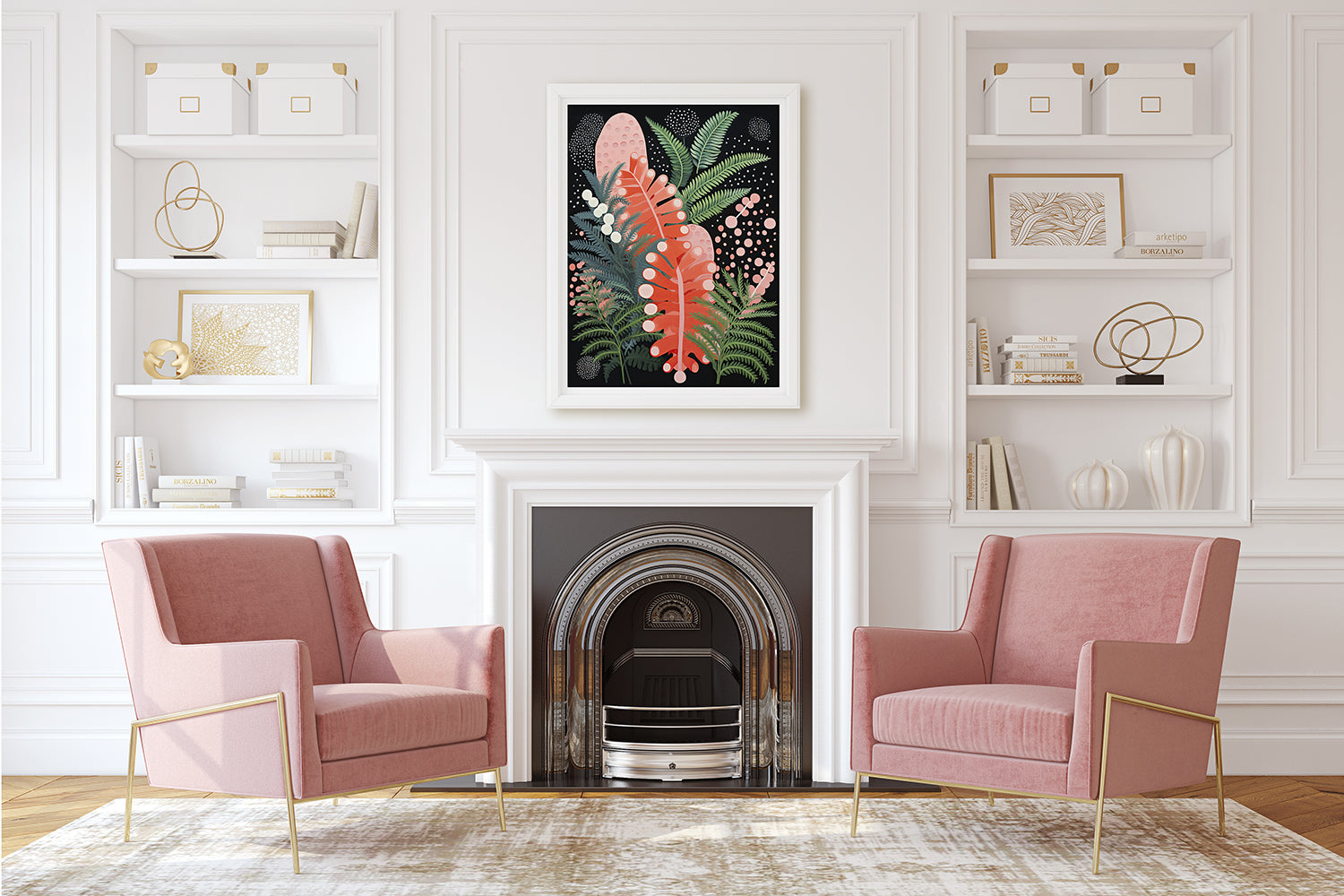 Abstract Jungle Glow wall art print featuring vibrant jungle foliage in a modern home setting with pink armchairs.