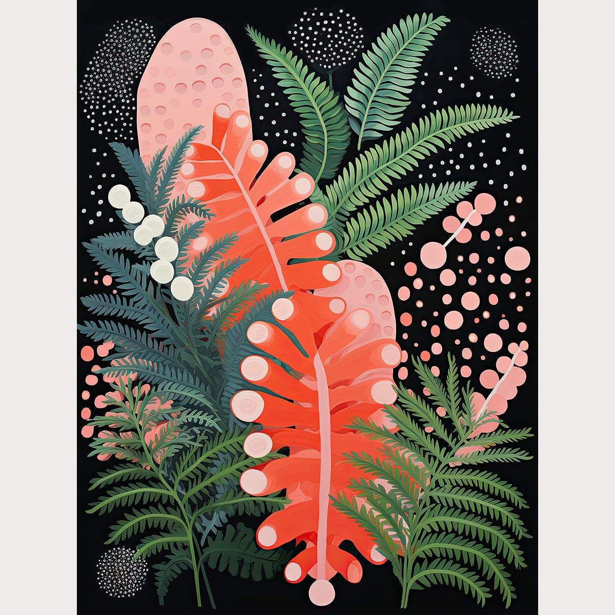 Abstract Jungle Glow art print featuring vibrant leaves and dots on a black background, perfect for modern Bohemian decor.