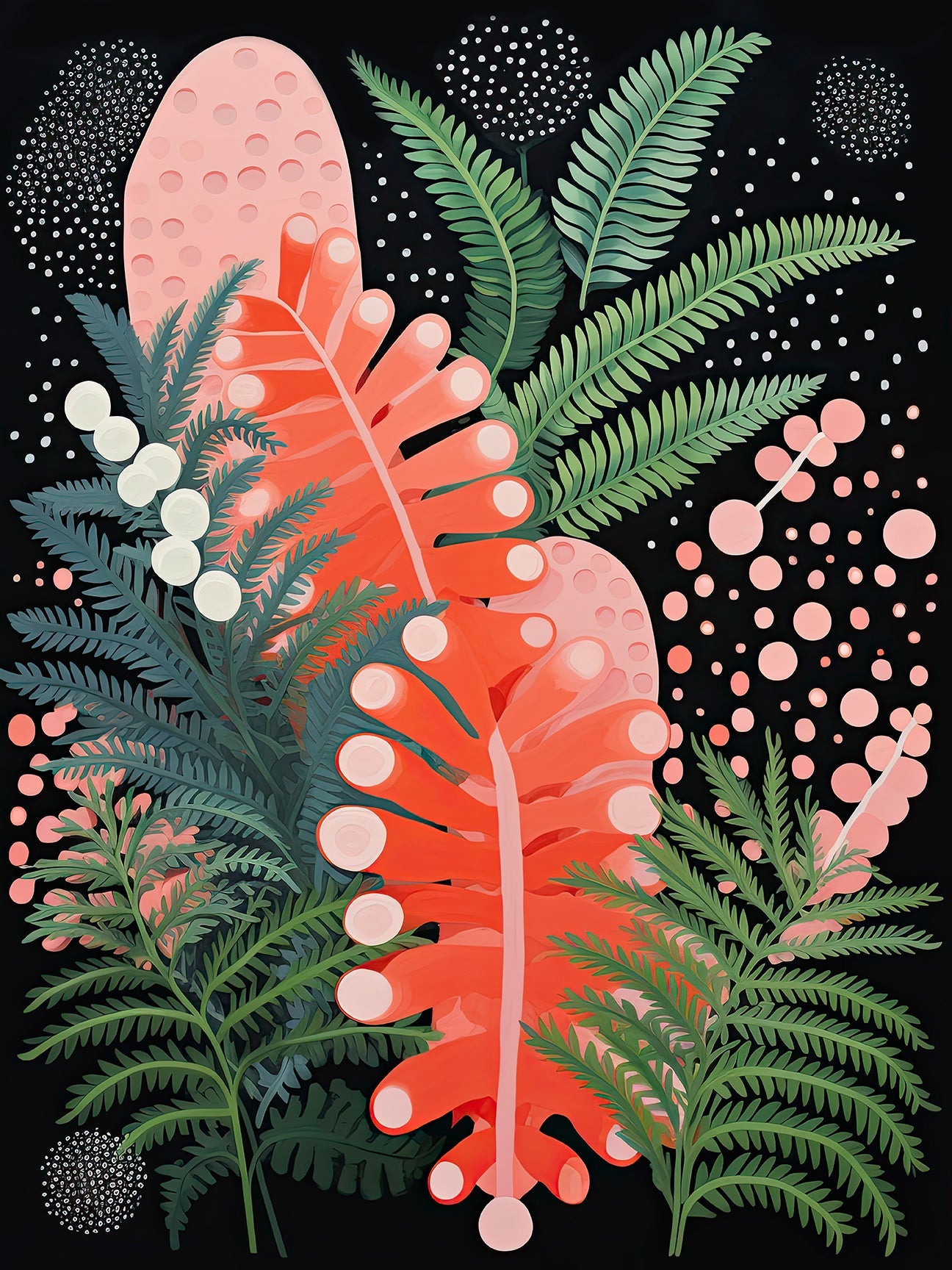 Abstract Jungle Glow wall art print featuring vibrant coral leaves and green foliage on a deep black background.