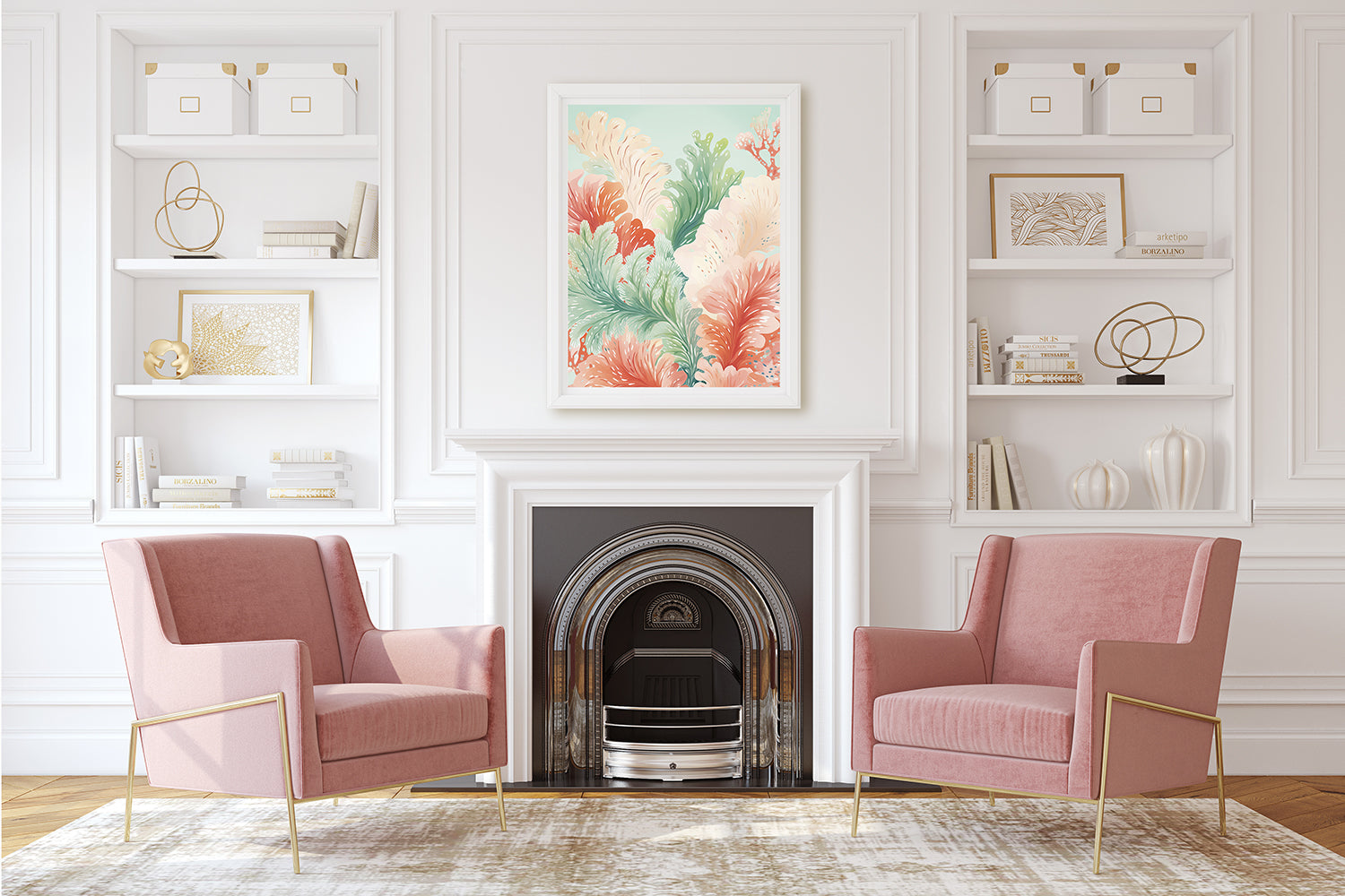 Modern bohemian art print 'Boho Reef Harmony' in stylish living room with pink chairs and elegant decor.