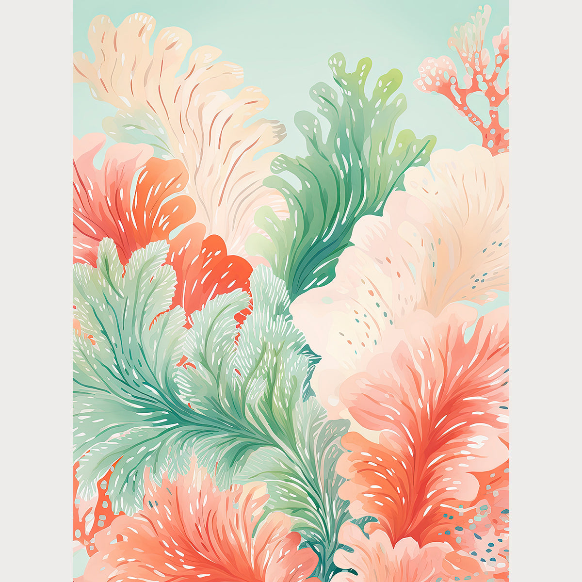 Boho Reef Harmony wall art featuring vibrant ocean ferns in coral pinks and seafoam greens, perfect for modern bohemian decor.