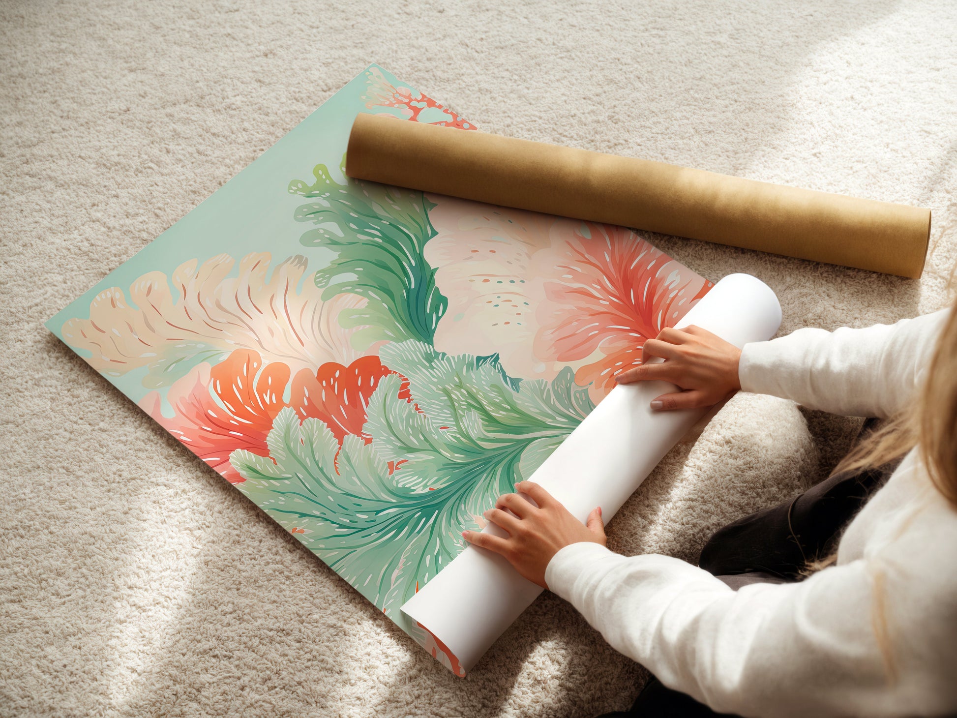 Person unrolling the Boho Reef Harmony abstract wall art print featuring ocean ferns in coral and green tones.