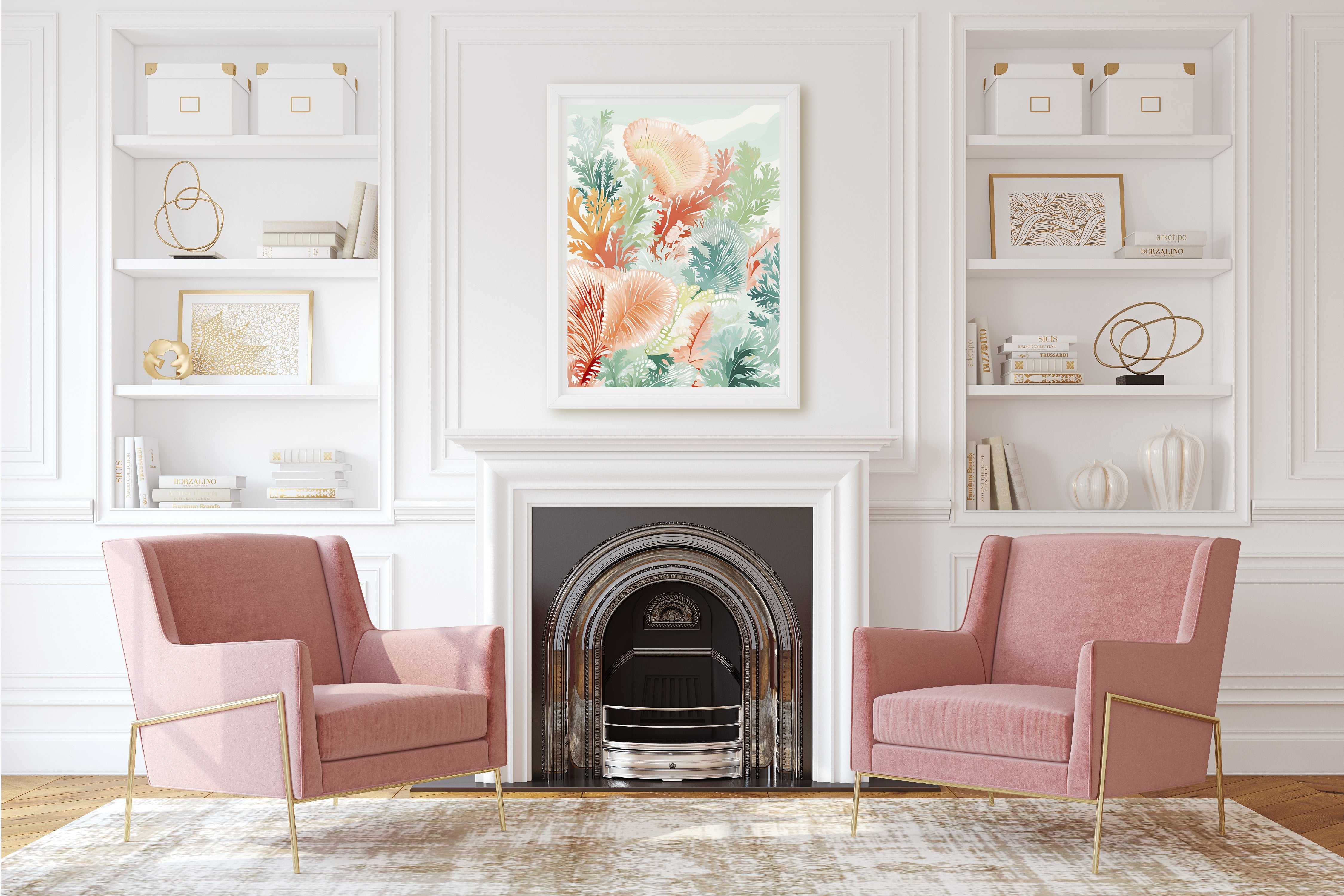 Vibrant Reef Garden wall art print depicting coral textures in a modern Bohemian decor setting.
