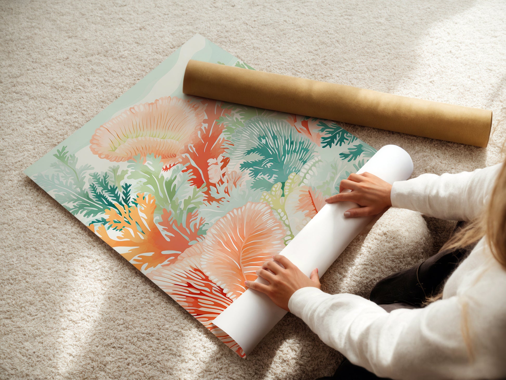 Person rolling up vibrant ocean reef wall art with colorful coral designs, showcasing a Bohemian art style.