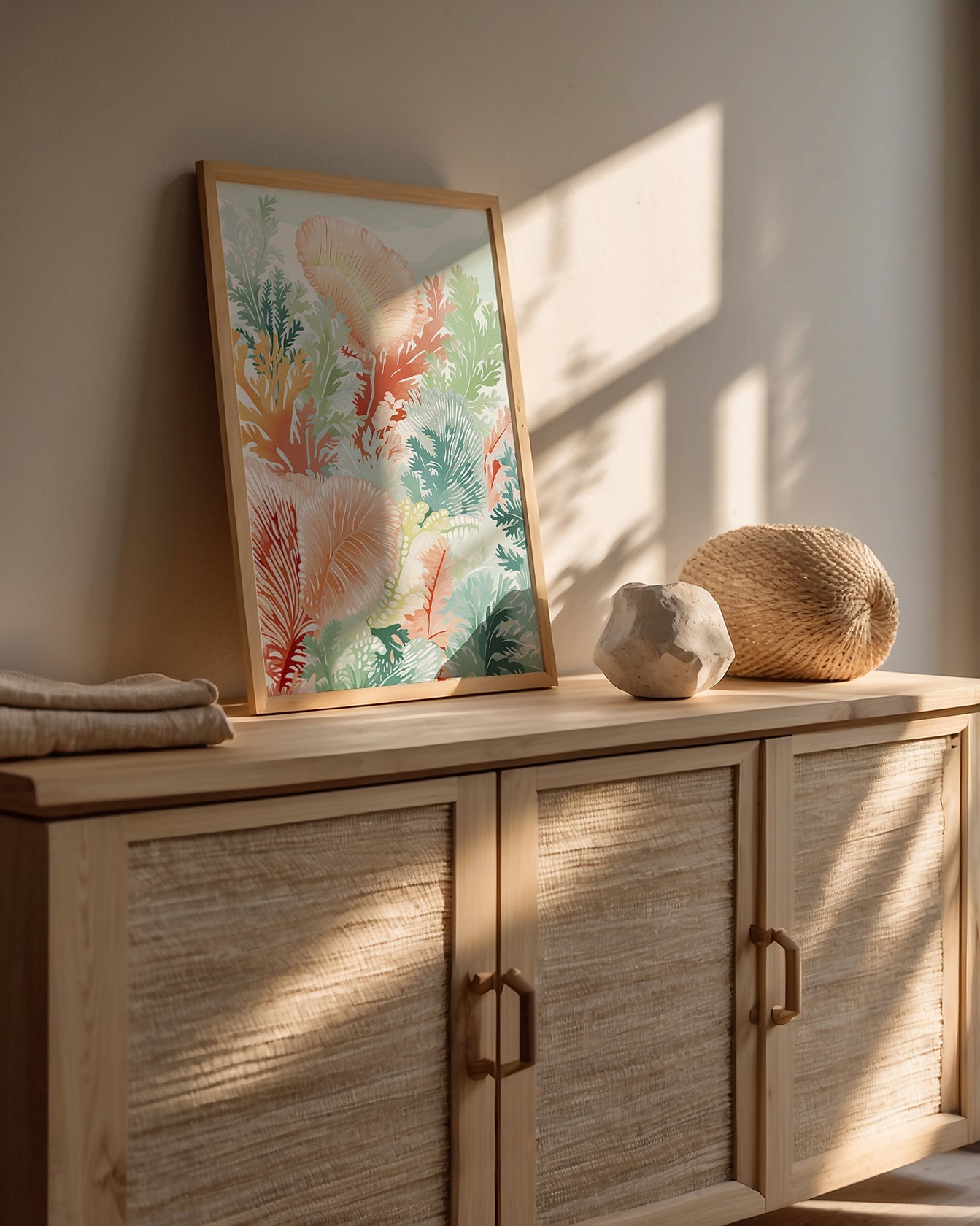 Colorful ocean reef wall art in a modern setting, showcasing Bohemian art and pastel tones for coastal decor.