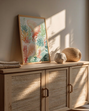 Colorful ocean reef wall art in a modern setting, showcasing Bohemian art and pastel tones for coastal decor.
