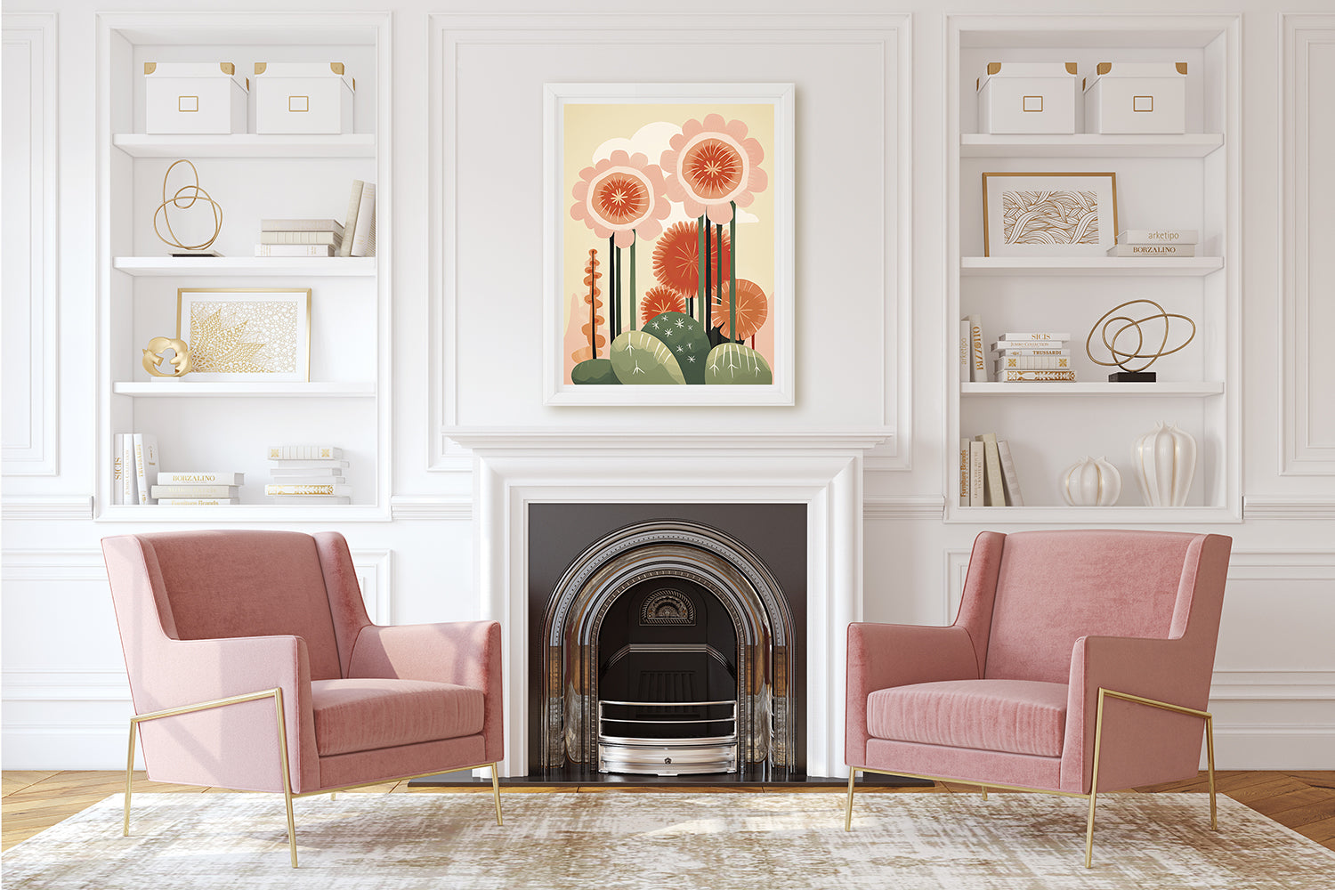 Modern boho wall art featuring blooming flowers and cacti, styled in a chic living room with pink chairs.