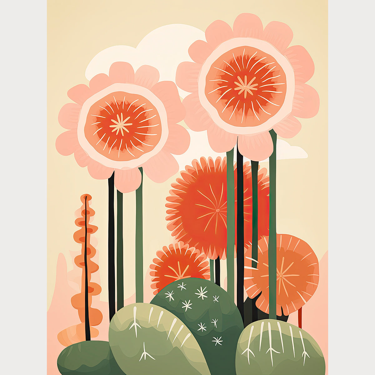 Whimsical modern wall art featuring oversized flowers and cacti in coral and peach tones, perfect for boho decor.