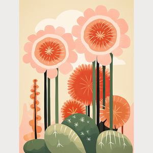 Whimsical modern wall art featuring oversized flowers and cacti in coral and peach tones, perfect for boho decor.