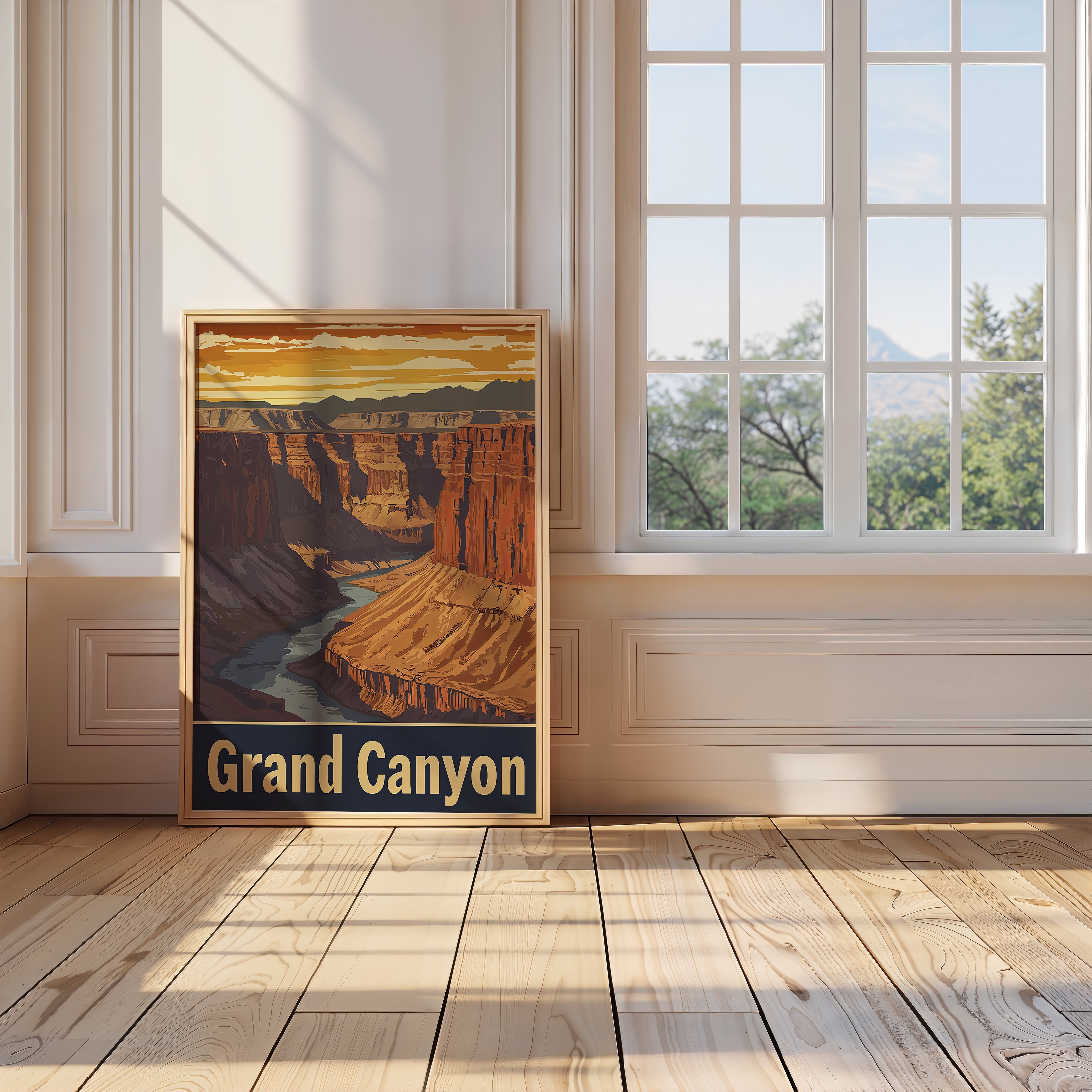 Vintage Grand Canyon travel poster in a bright room with wooden floors and sunlight.