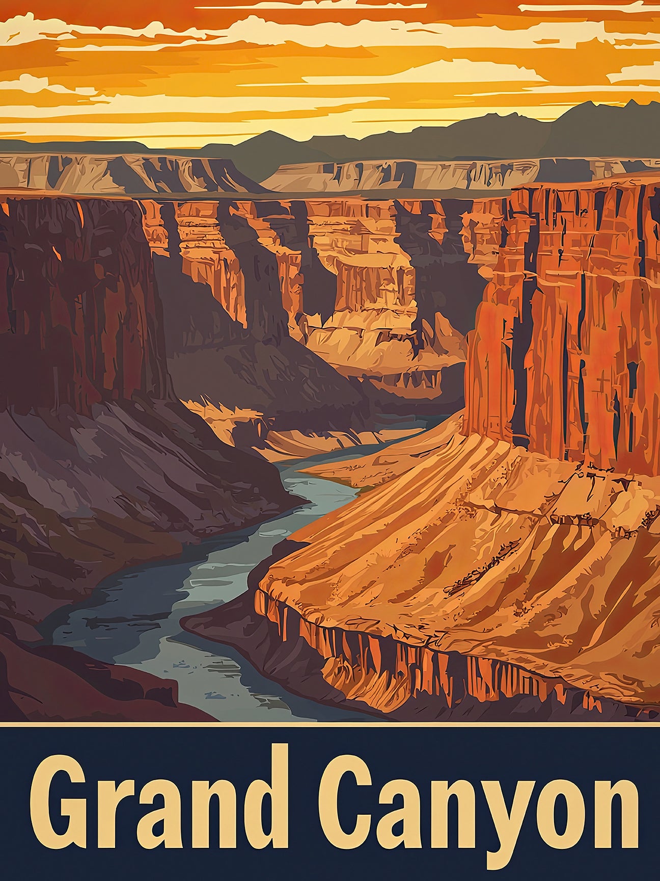 Vintage travel poster of the Grand Canyon in Arizona, showcasing its stunning landscape and meandering river at sunset.