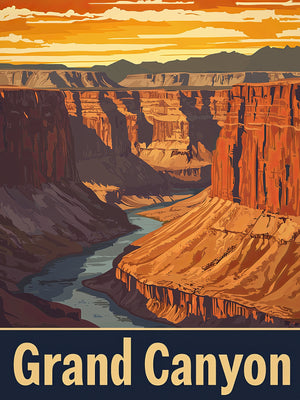 Vintage travel poster of the Grand Canyon in Arizona, showcasing its stunning landscape and meandering river at sunset.