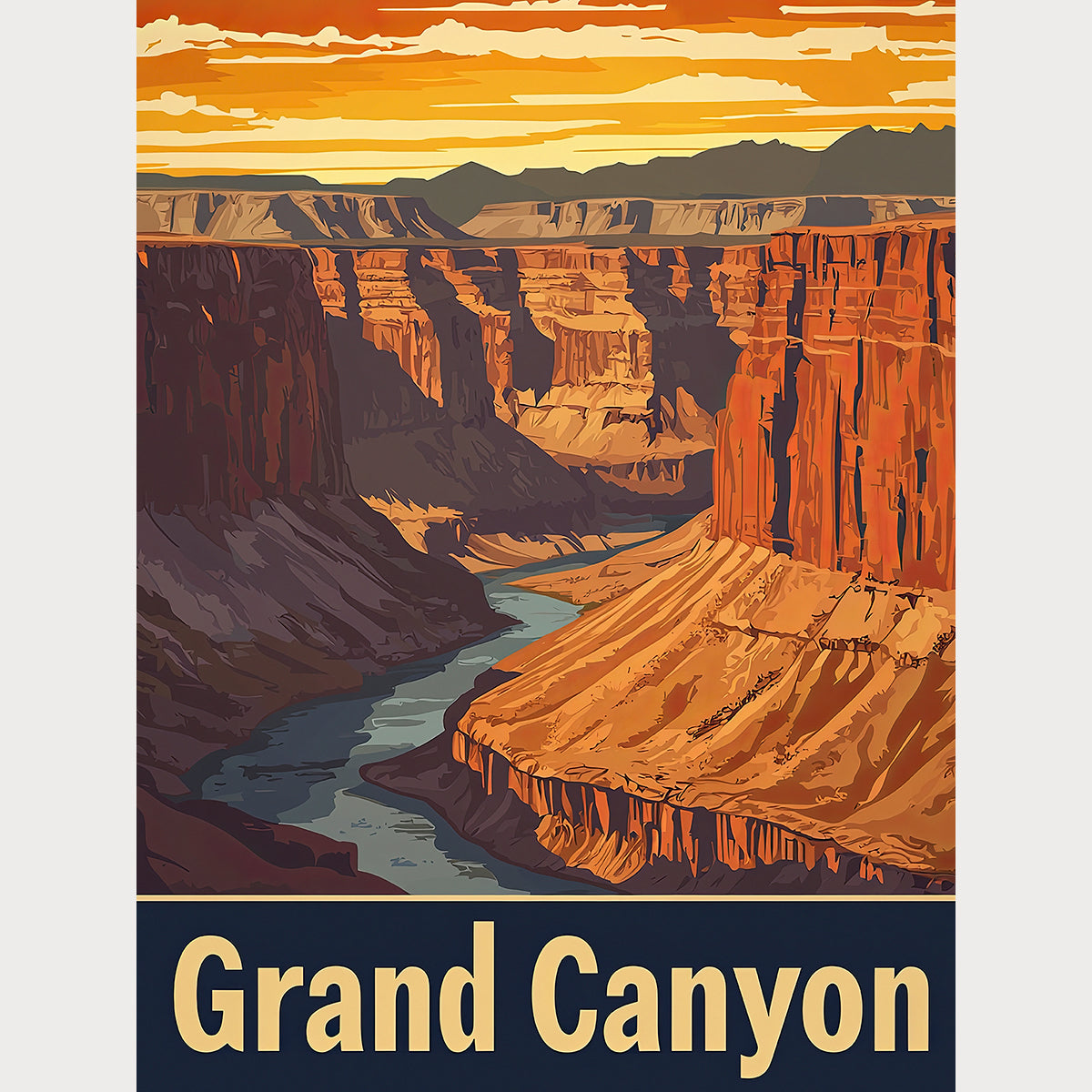 Vintage travel poster of the Grand Canyon landscape in Arizona with sunset colors, showcasing stunning natural beauty.