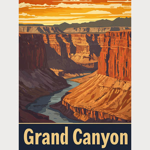 Vintage travel poster of the Grand Canyon landscape in Arizona with sunset colors, showcasing stunning natural beauty.
