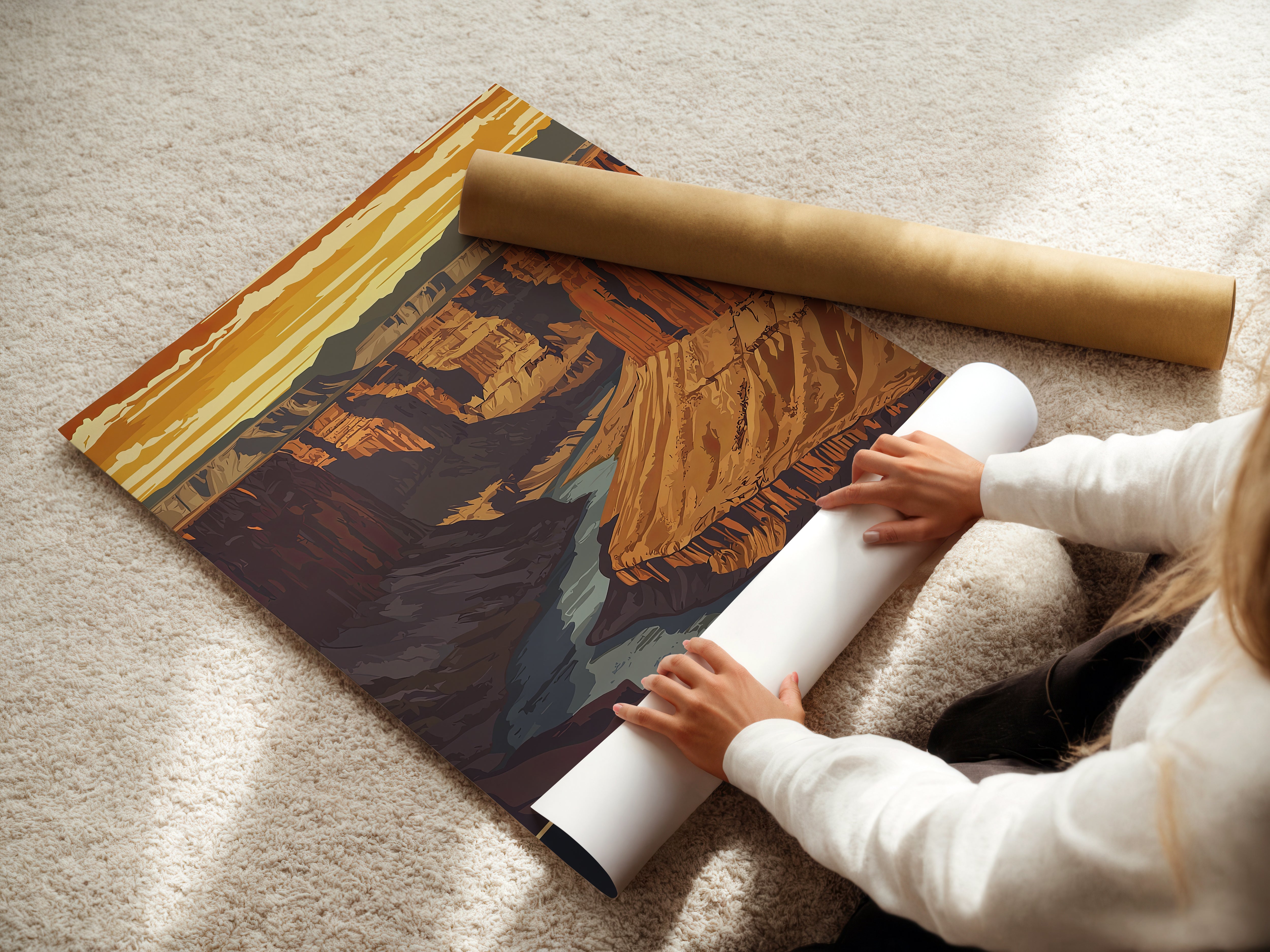 Person unrolling Epic Earth Retro Travel Poster of the Grand Canyon, showcasing vintage landscape art.