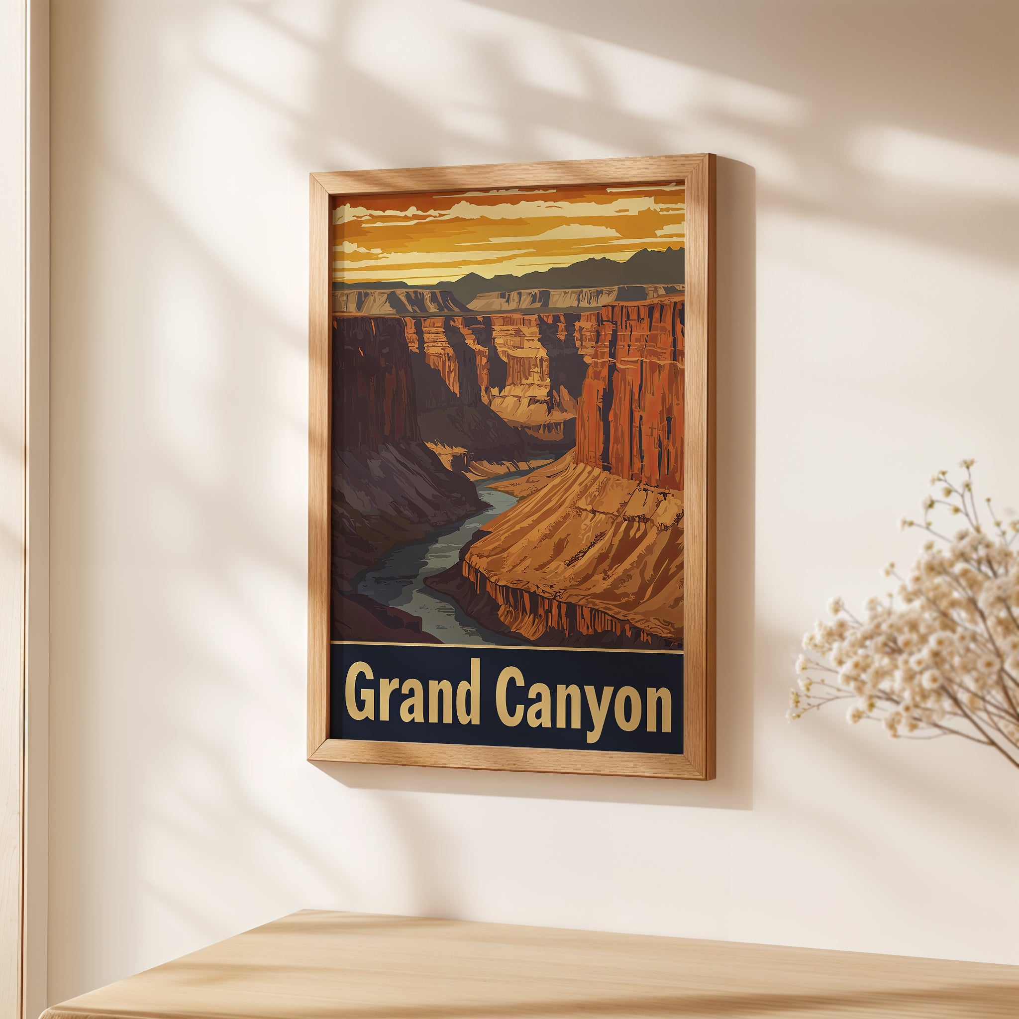 Vintage Grand Canyon travel poster art print showcasing stunning landscape and sunset in Arizona.