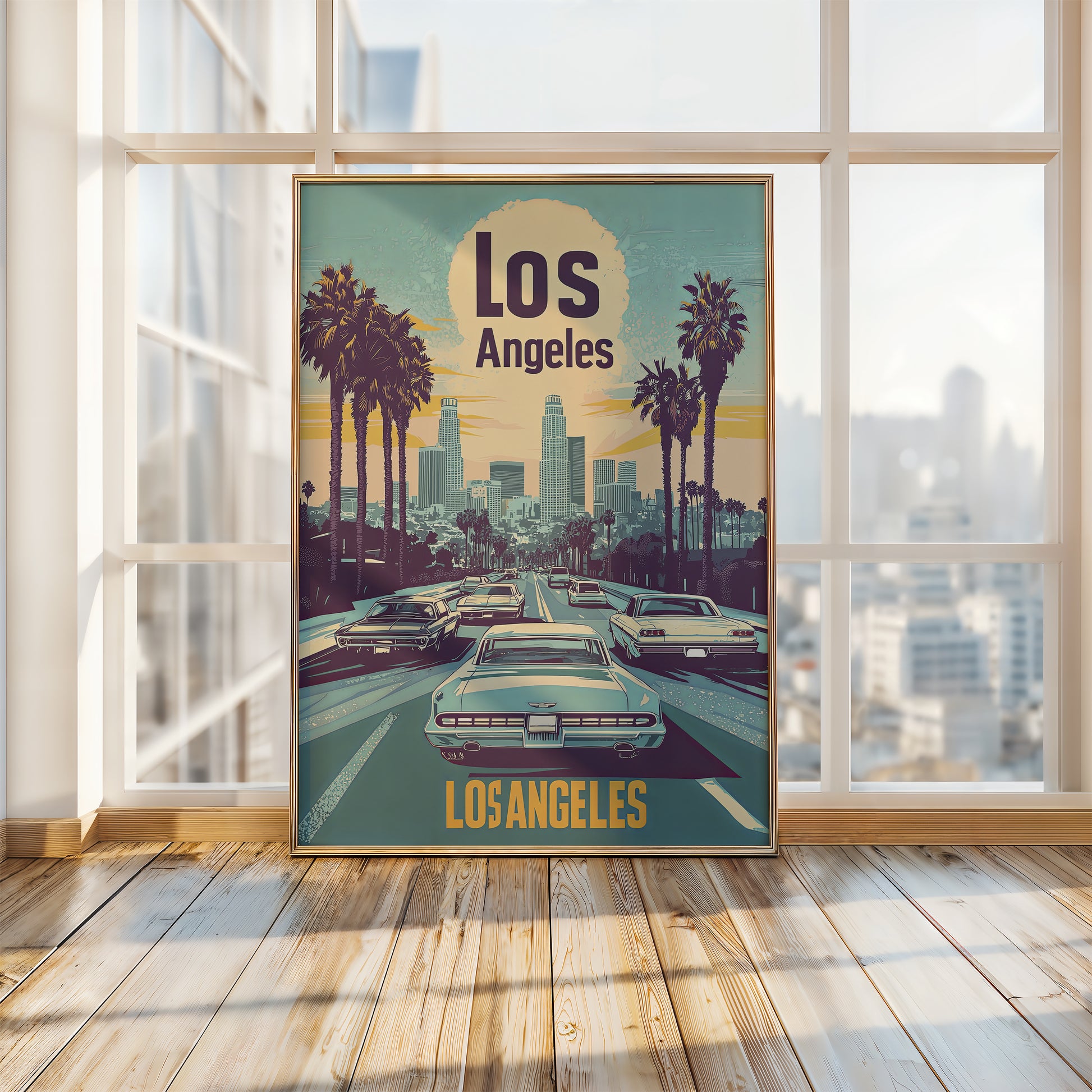 Retro Los Angeles skyline wall art print showcasing cars, palm trees, and cityscape in vibrant colors.