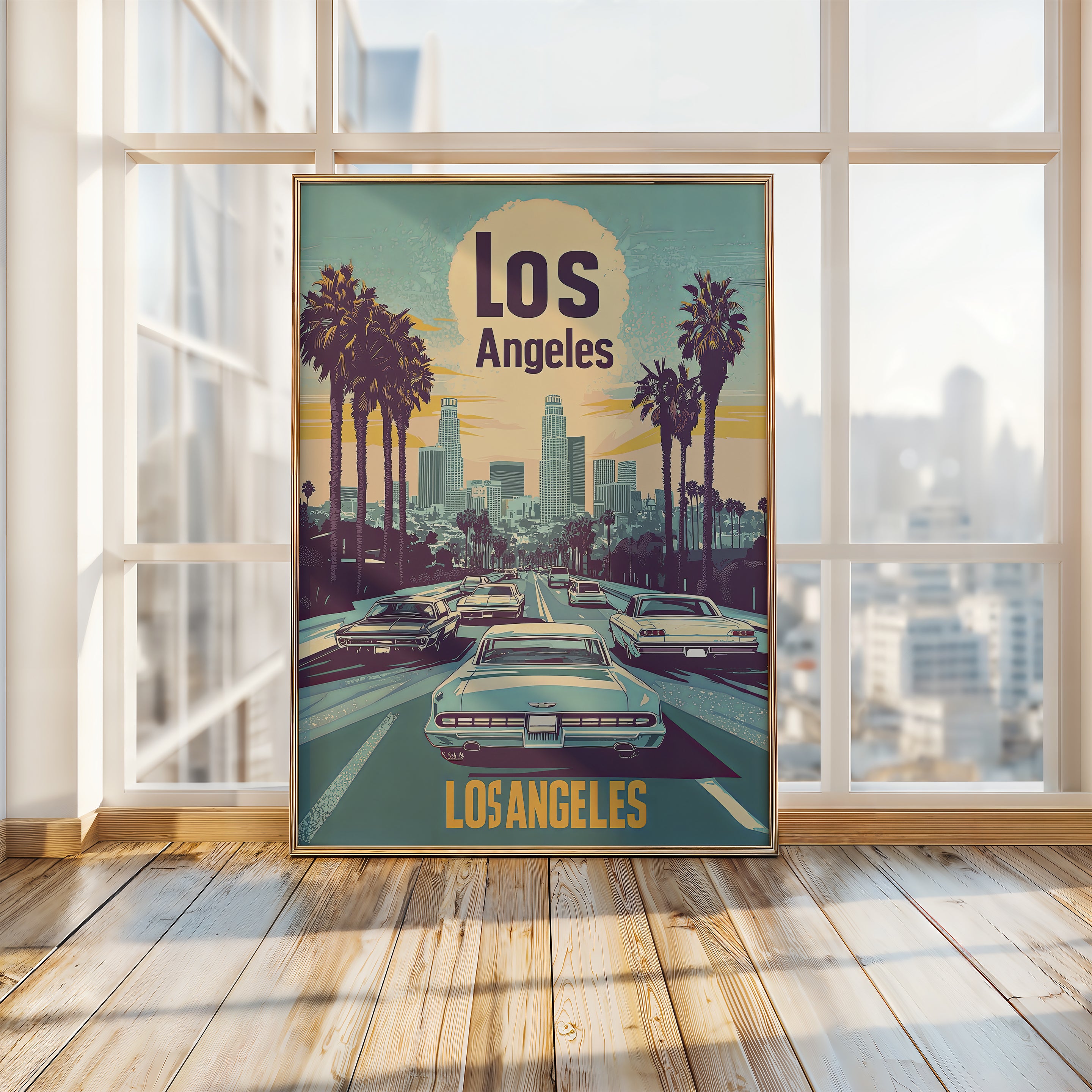 Retro Los Angeles skyline wall art print showcasing cars, palm trees, and cityscape in vibrant colors.