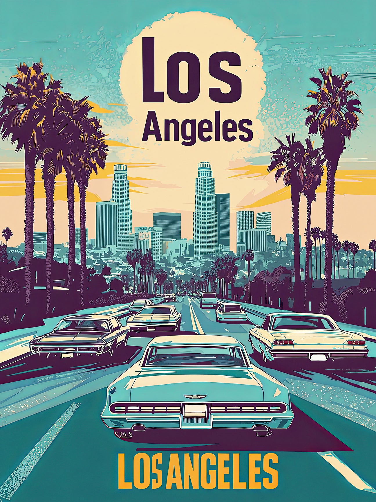 Vintage travel art print featuring retro cars and palm trees with the Los Angeles skyline.