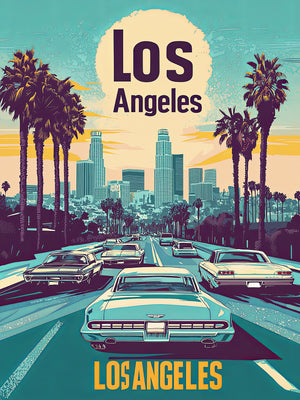 Vintage travel art print featuring retro cars and palm trees with the Los Angeles skyline.