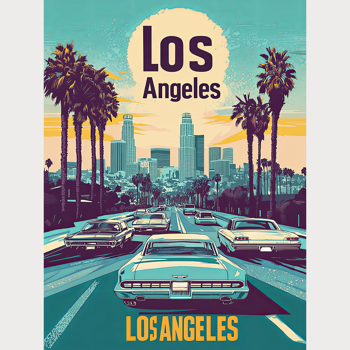 Vintage travel poster of Los Angeles skyline with classic cars and palm trees, capturing California's iconic cityscape.