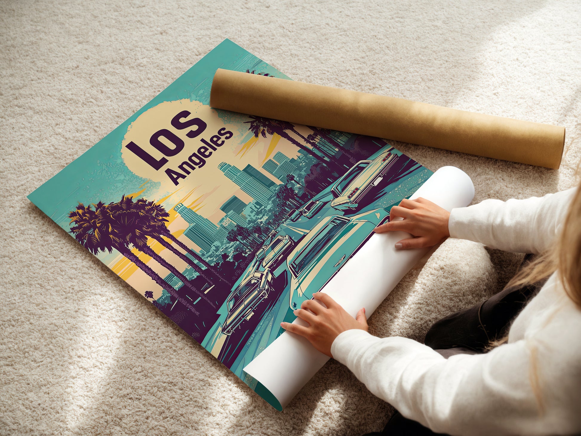 Person unrolling a vintage travel poster of Los Angeles skyline and cars, showcasing California's vibrant cityscape.