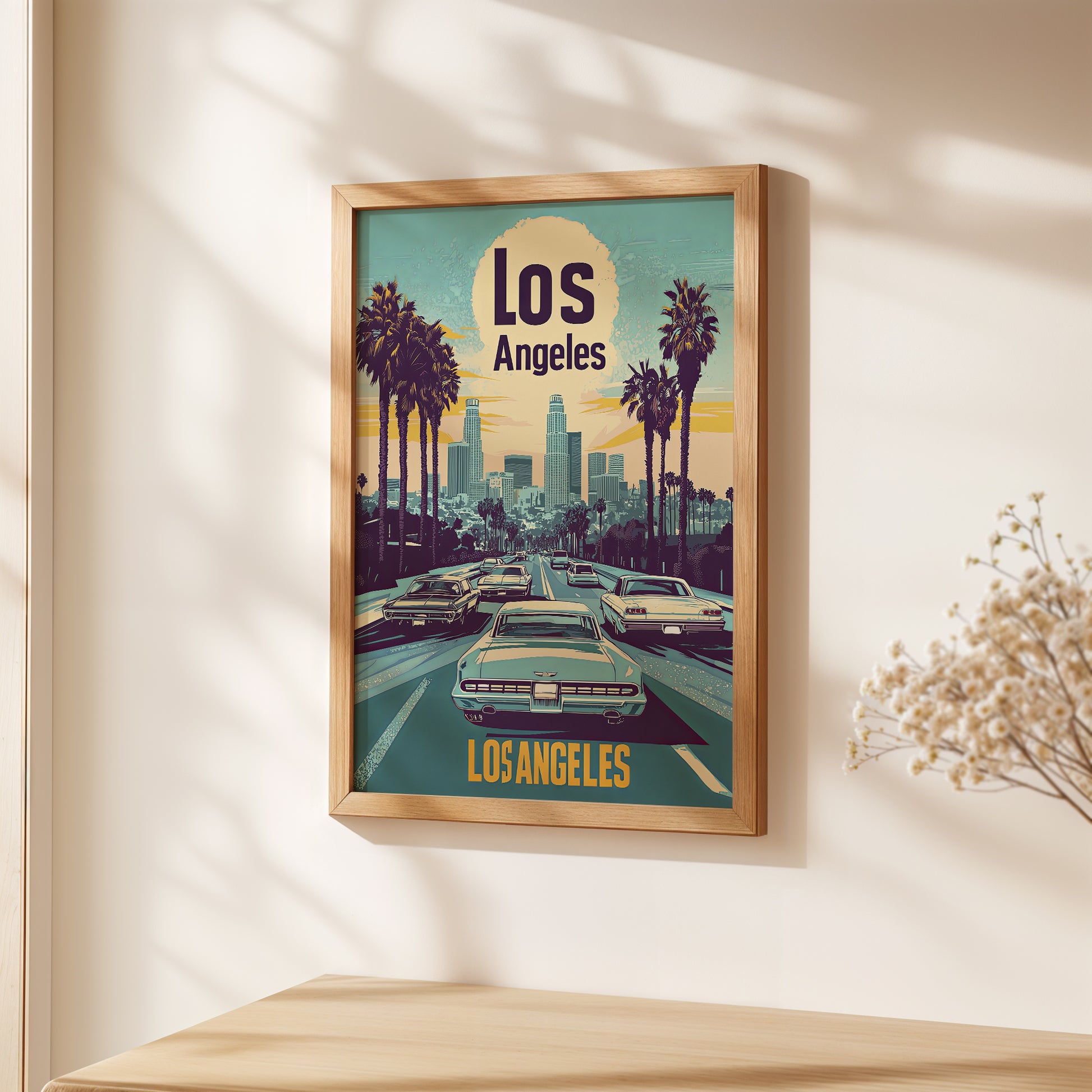 Vibrant retro travel poster of Los Angeles with palm trees, skyline, and classic cars, perfect for wall art.