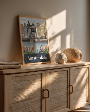Vintage Amsterdam art print featuring canals, tulips, and bicycles in warm, soft colors for elegant wall decor.