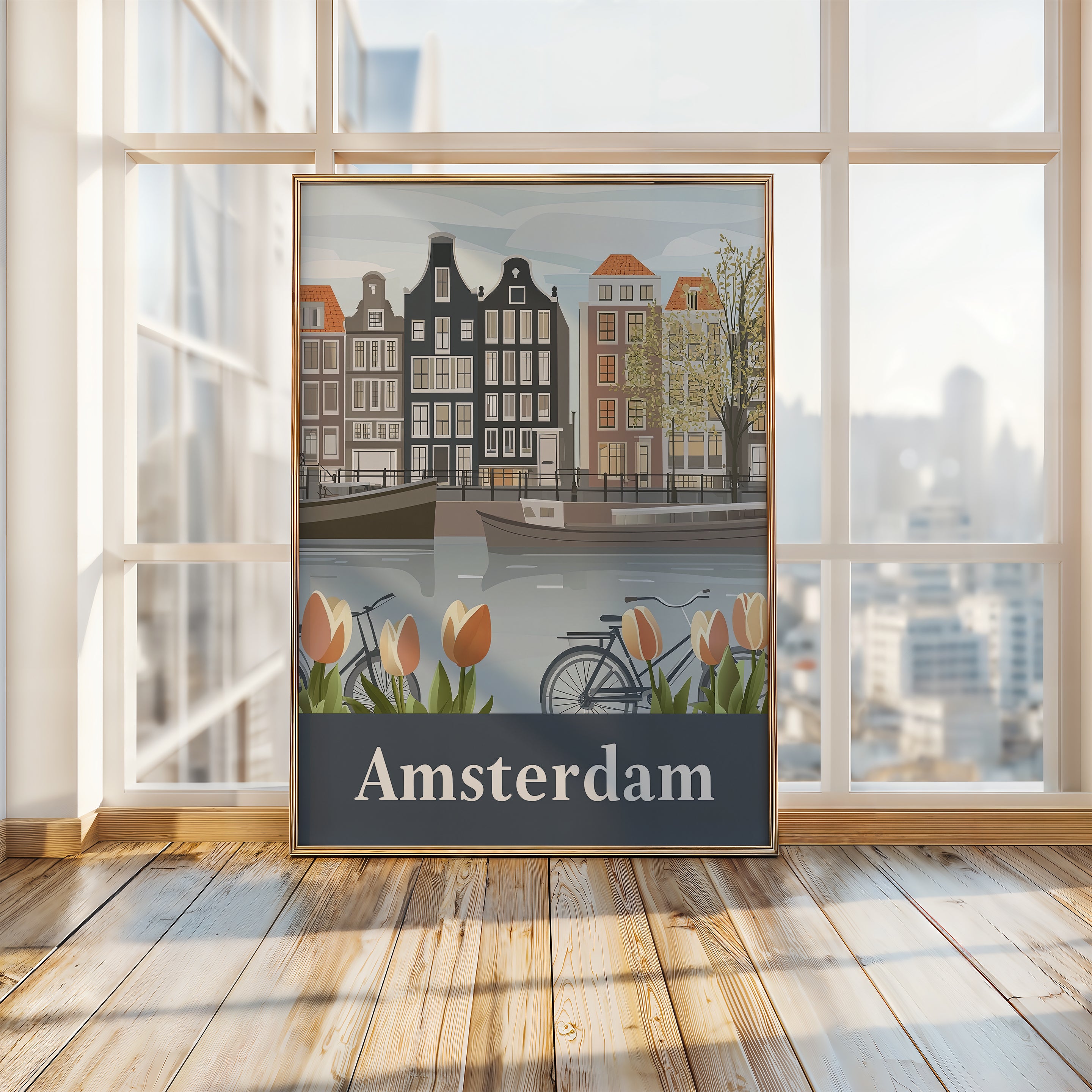 Vintage Amsterdam art print featuring canals, tulips, bicycles, and Dutch architecture in soft pastel colors.