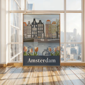 Vintage Amsterdam art print featuring canals, tulips, bicycles, and Dutch architecture in soft pastel colors.
