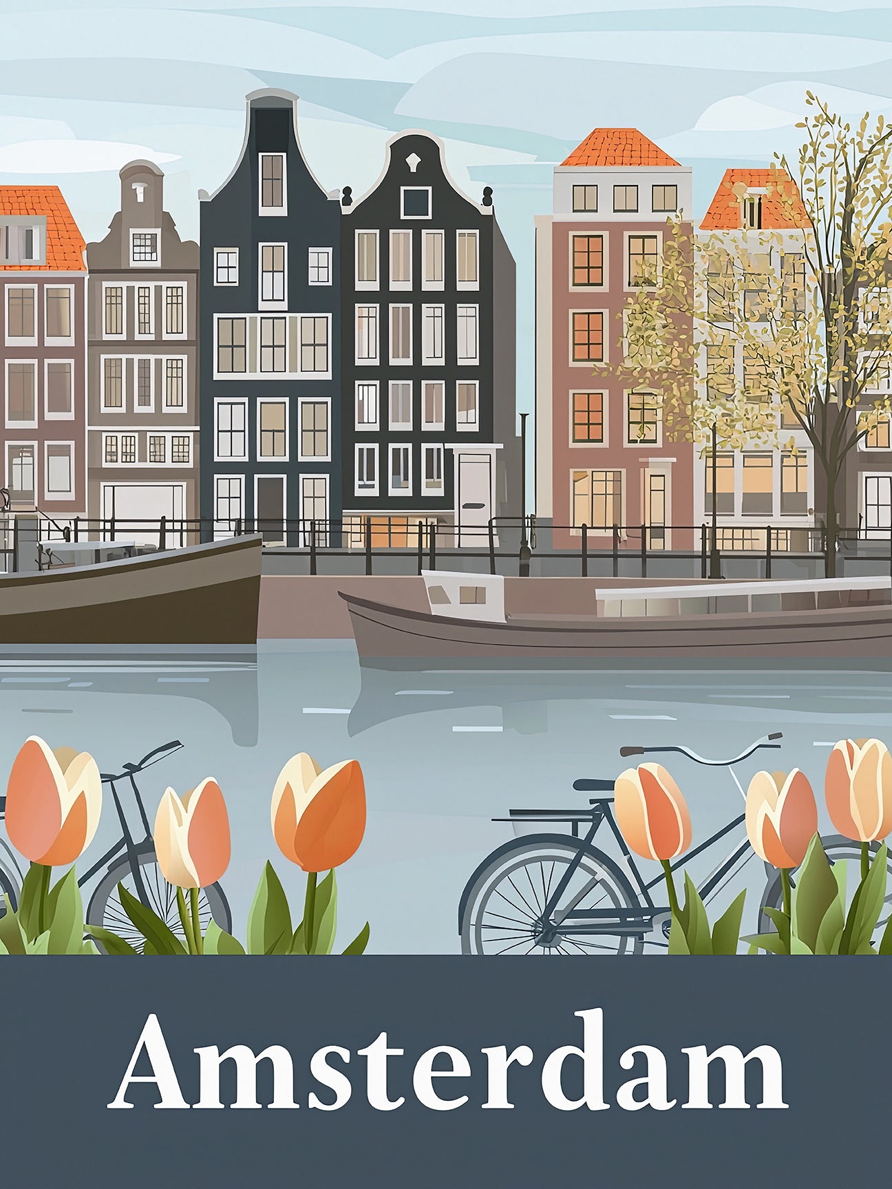 Illustrated vintage Amsterdam cityscape with canals, tulips, bicycles, and Dutch architecture.