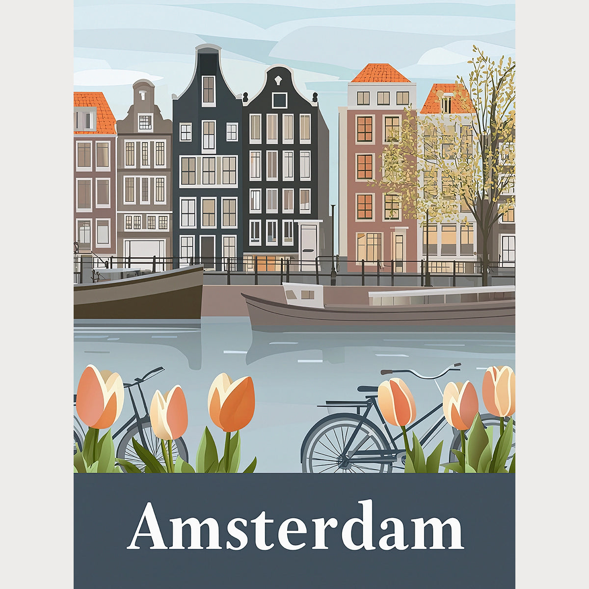Vintage Amsterdam cityscape art print depicting canals, tulips, bicycles, and Dutch architecture.