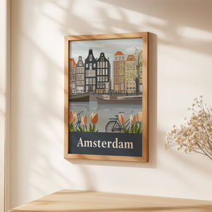 Vintage Amsterdam illustrated wall art print featuring canals, tulips, bicycles, and Dutch architecture.