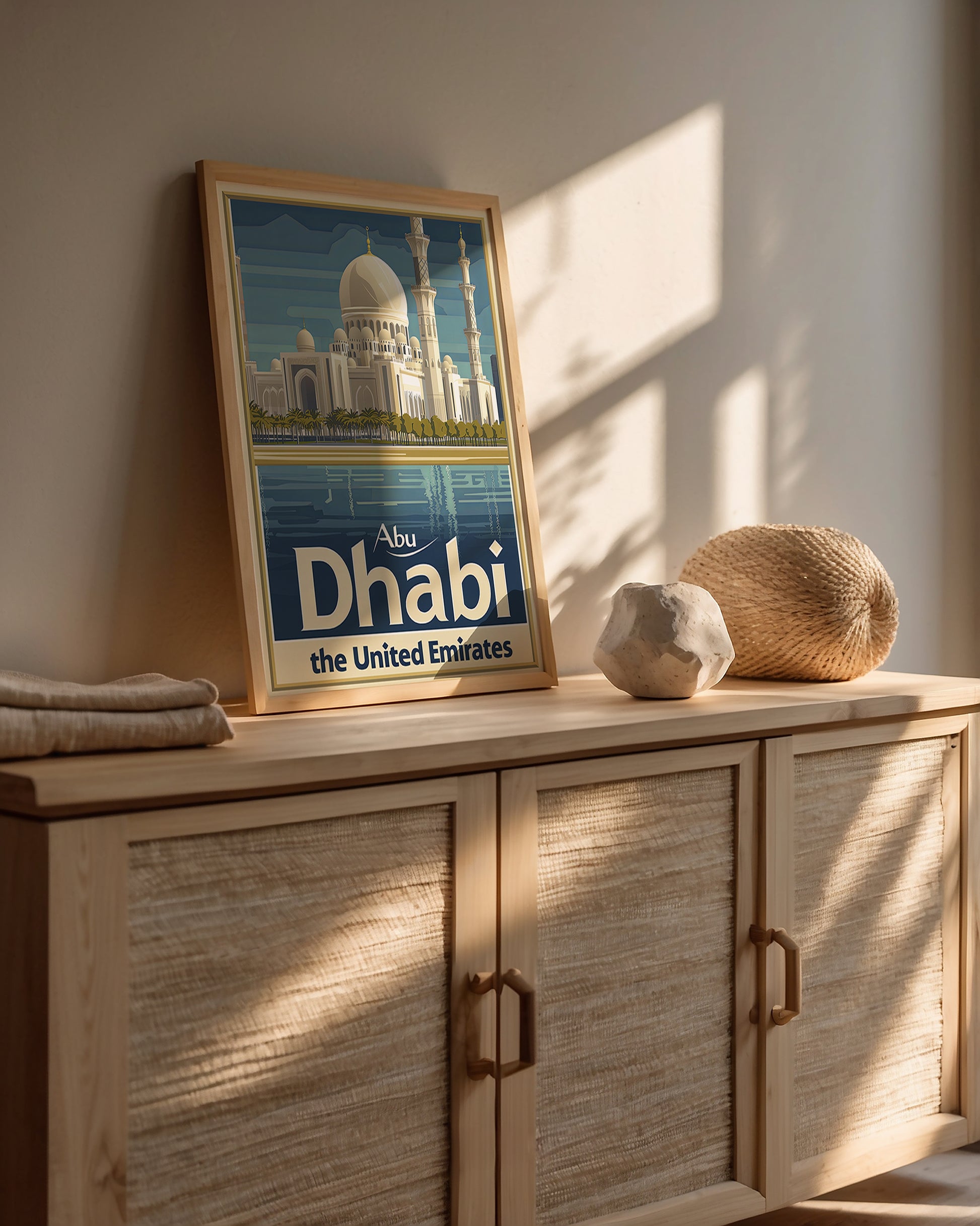 Vintage travel poster of Abu Dhabi skyline featuring Sheikh Zayed Grand Mosque, ideal wall art for architecture lovers.
