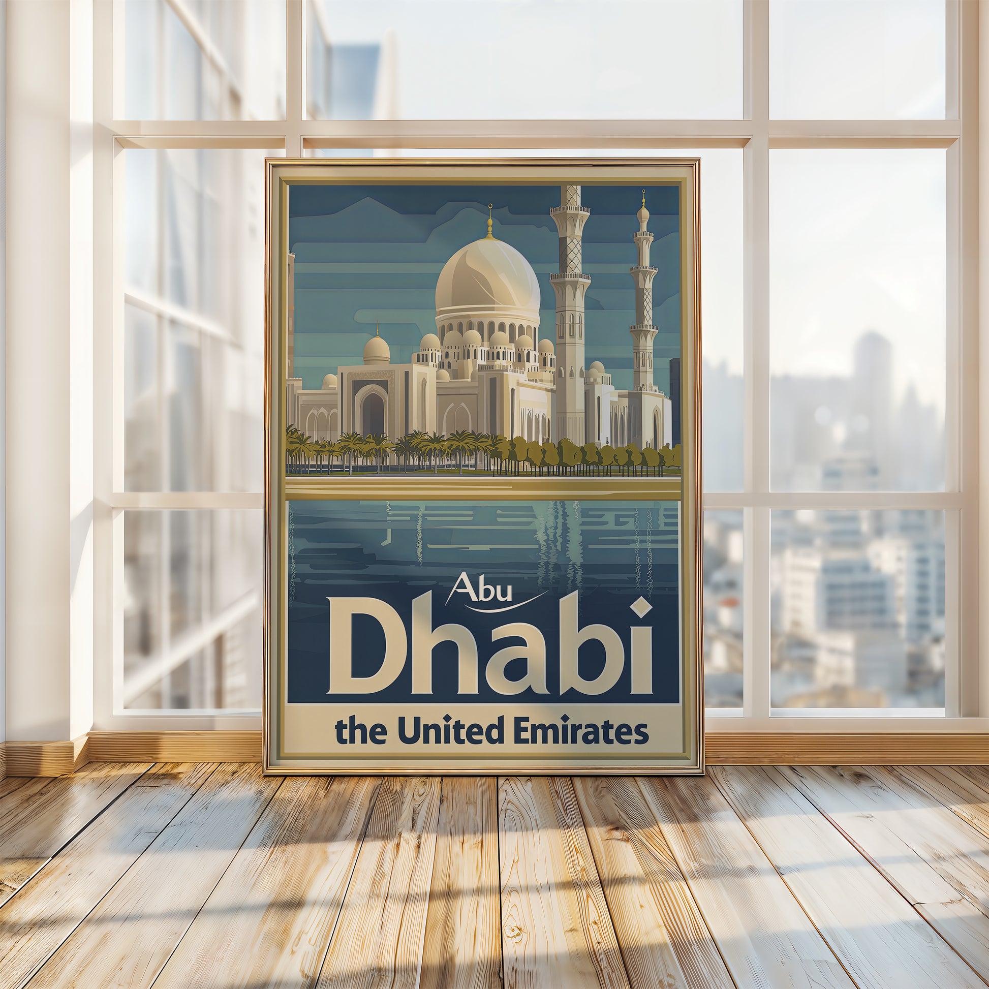 Vintage travel poster of Abu Dhabi skyline featuring Sheikh Zayed Grand Mosque in tranquil water reflection.