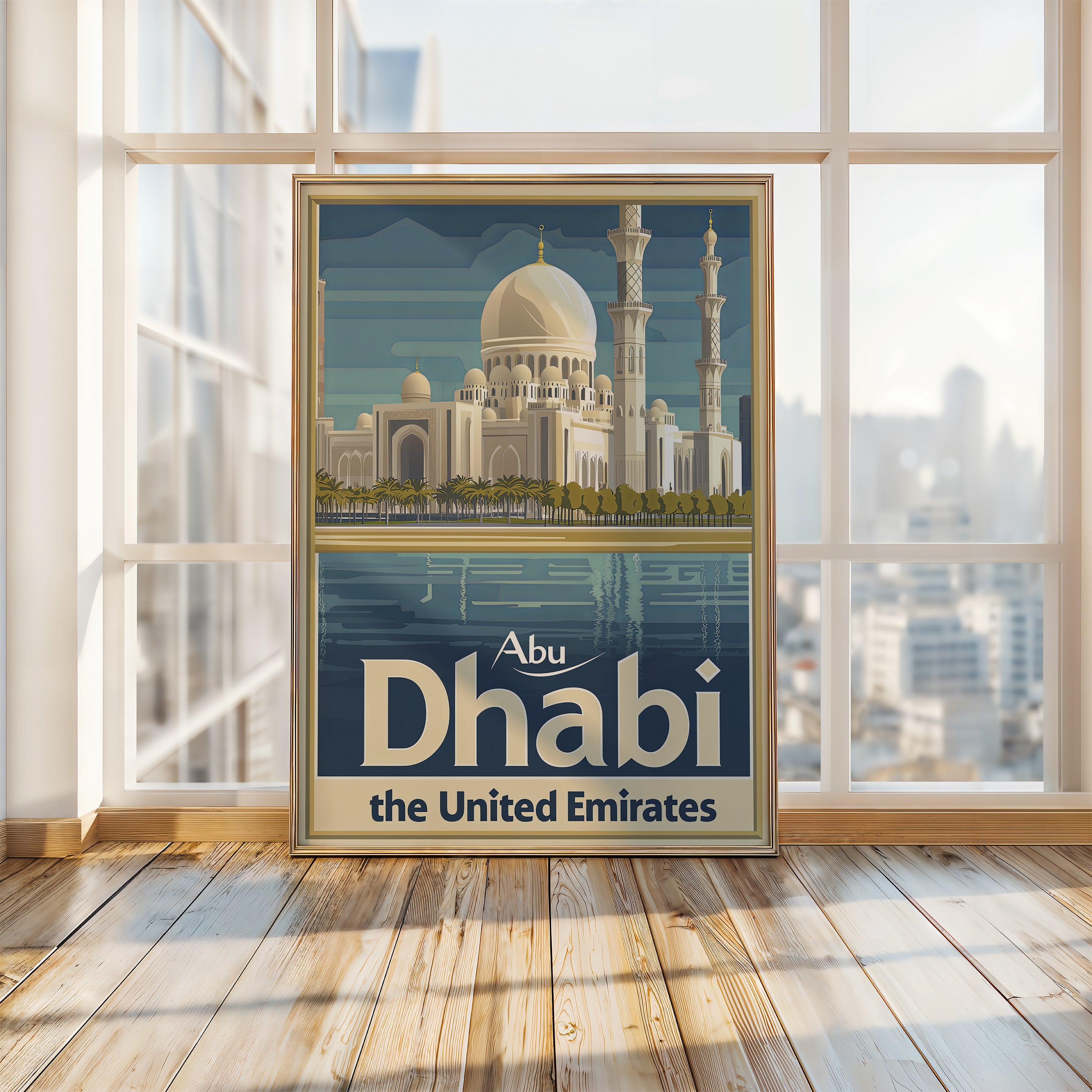 Vintage travel poster of Abu Dhabi skyline featuring Sheikh Zayed Grand Mosque in tranquil water reflection.