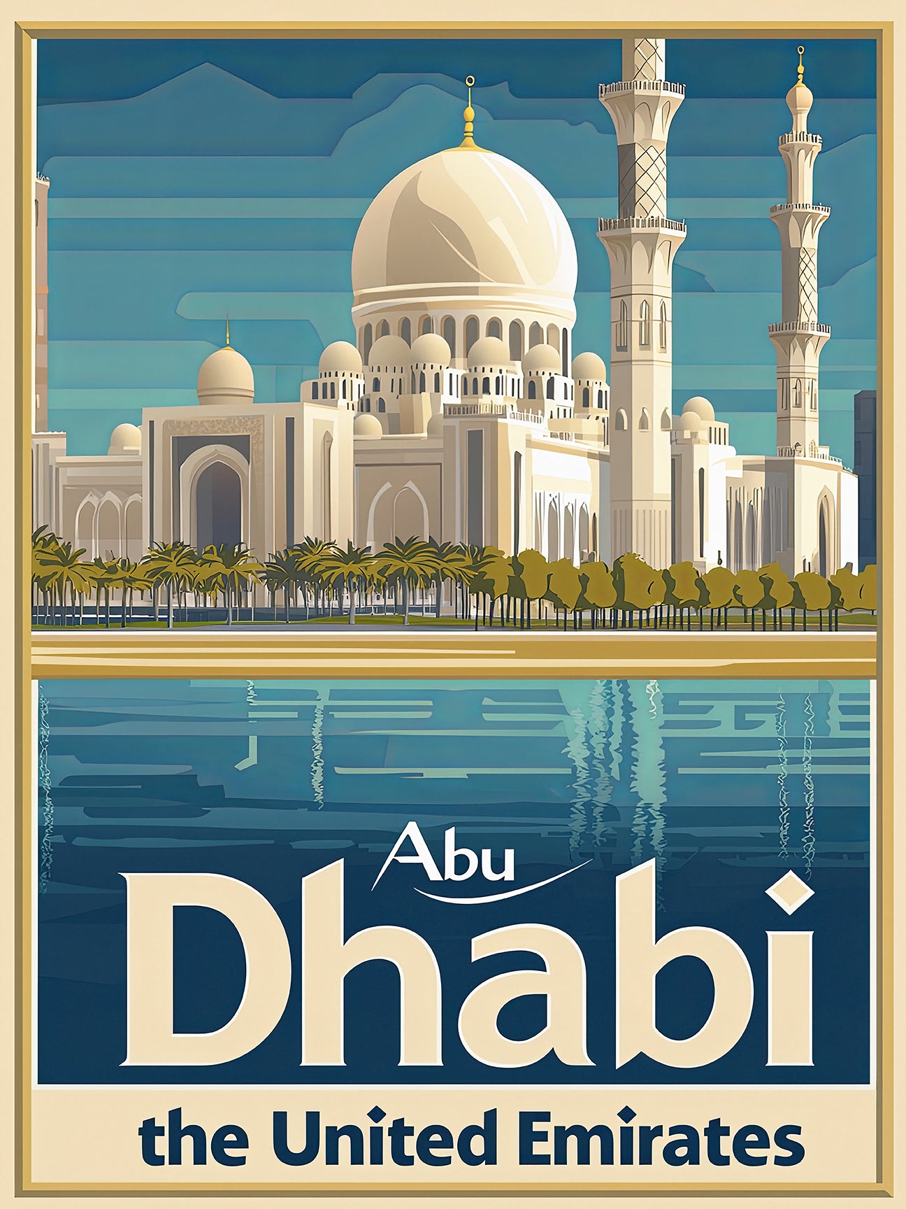 Vintage travel poster of Abu Dhabi featuring Sheikh Zayed Grand Mosque with vibrant colors and reflections in water.