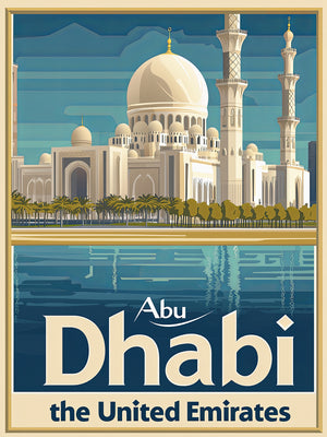 Vintage travel poster of Abu Dhabi featuring Sheikh Zayed Grand Mosque with vibrant colors and reflections in water.