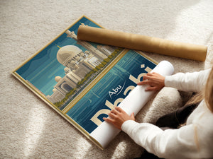 Person unrolling a vintage travel poster of Abu Dhabi's skyline featuring Sheikh Zayed Grand Mosque architecture.