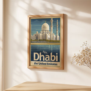 Vintage travel poster of Abu Dhabi skyline featuring the Sheikh Zayed Grand Mosque in elegant wall art.