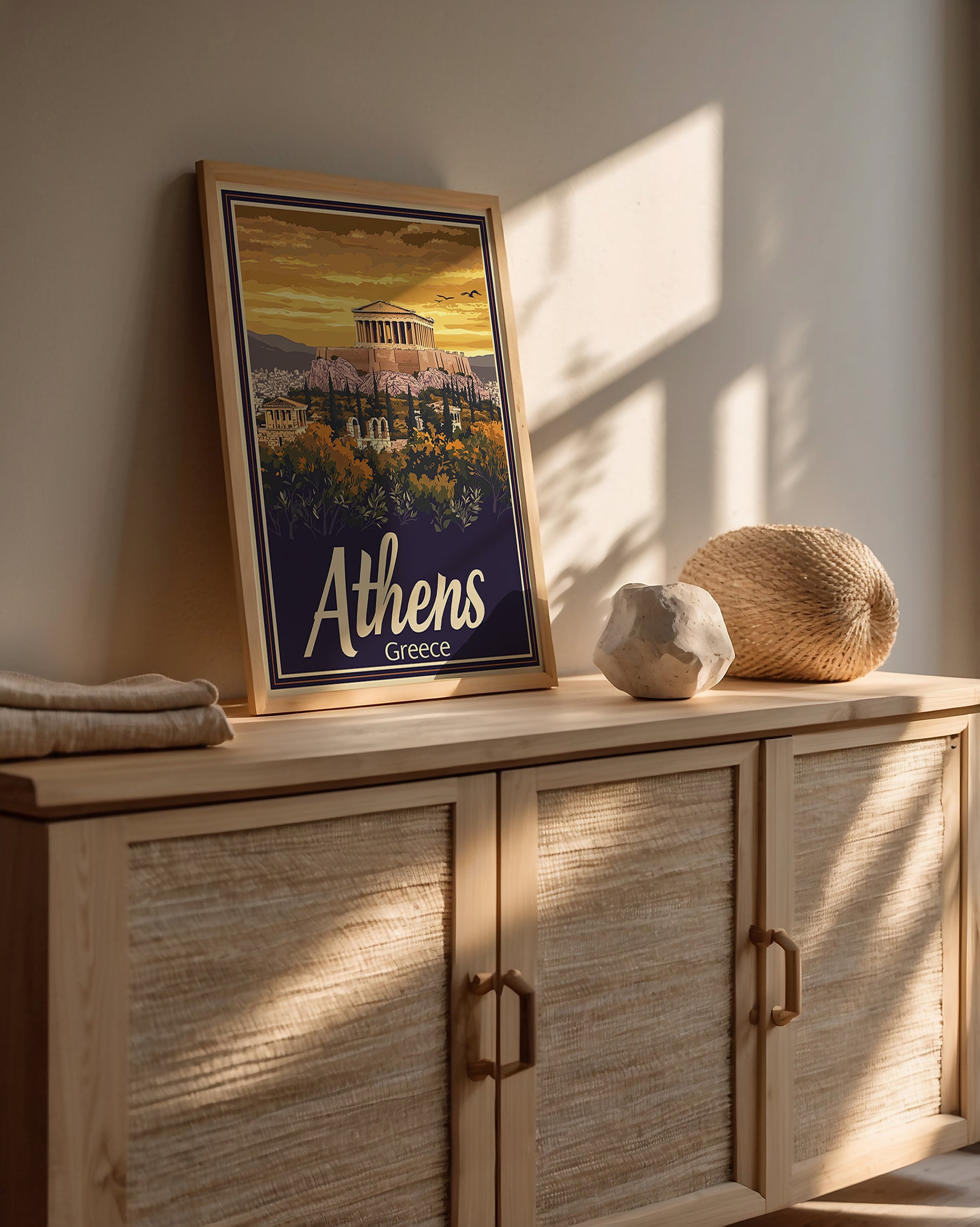 Vintage travel poster of Athens, Greece, showcasing the Parthenon at sunset with warm, cultured ambiance.