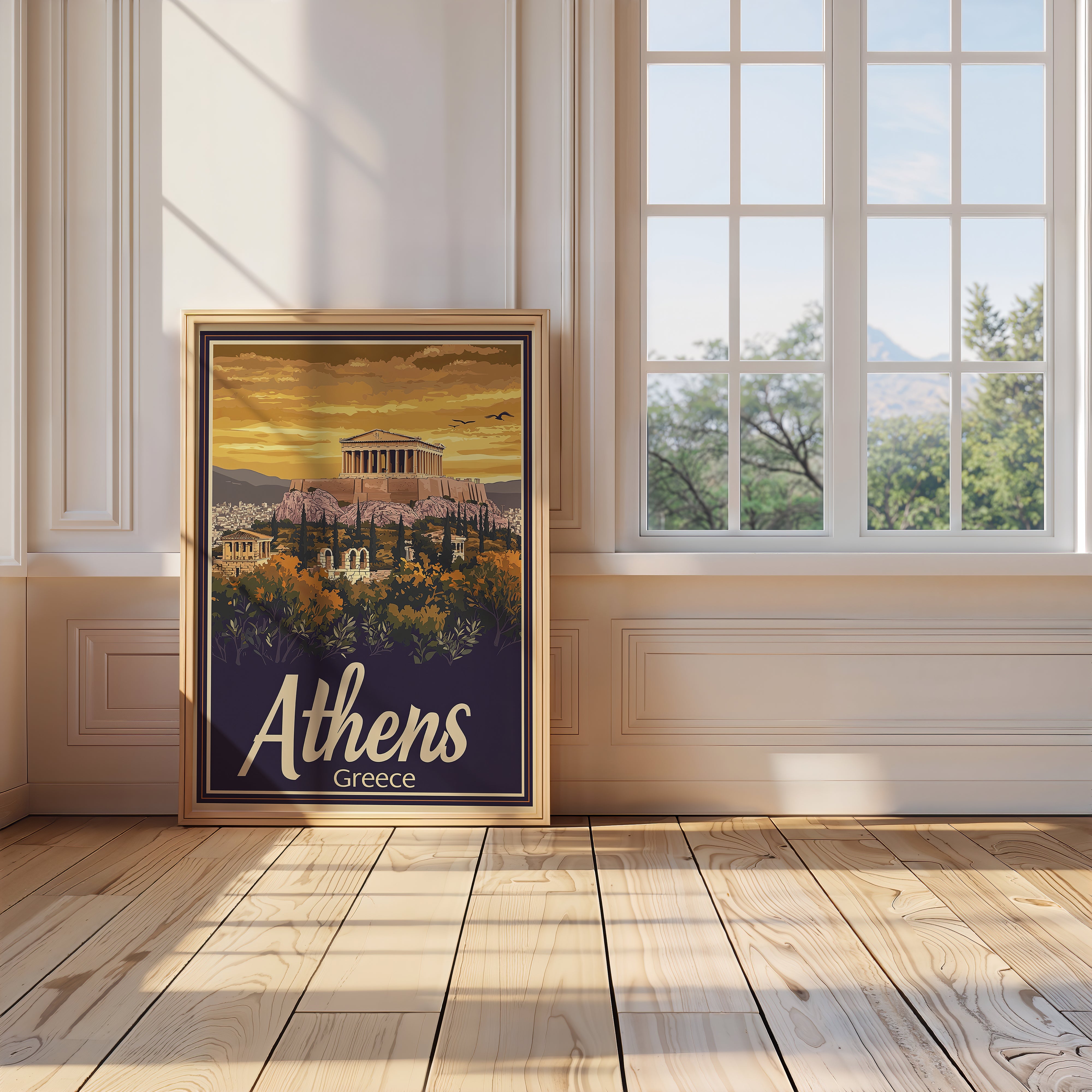 Vintage travel poster of Athens, Greece depicting the Acropolis at sunset in a cozy interior setting.