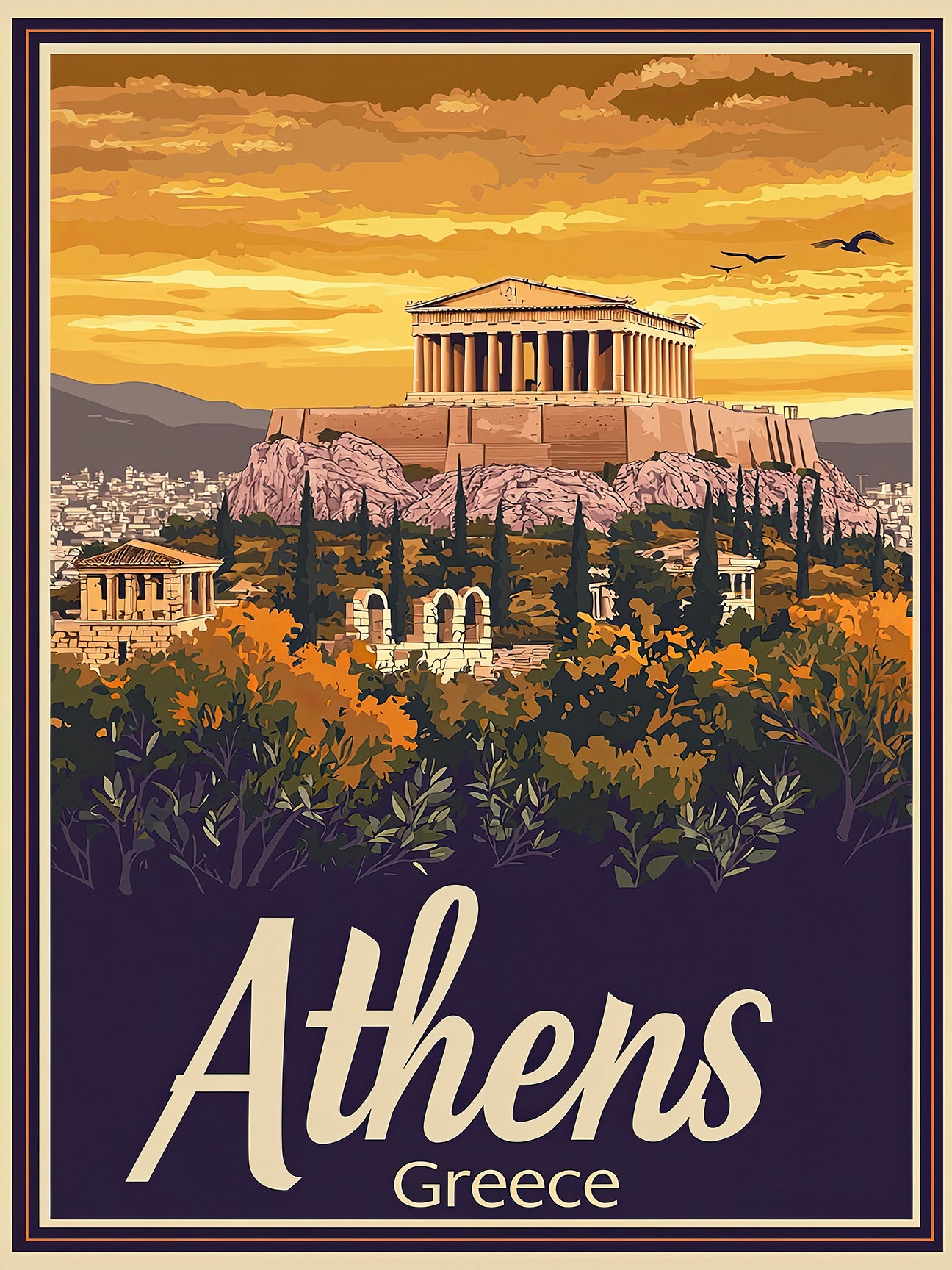 Vintage travel poster of Athens, Greece, showcasing the Parthenon at sunset with lush landscapes.