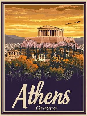 Vintage travel poster of Athens, Greece, showcasing the Parthenon at sunset with lush landscapes.