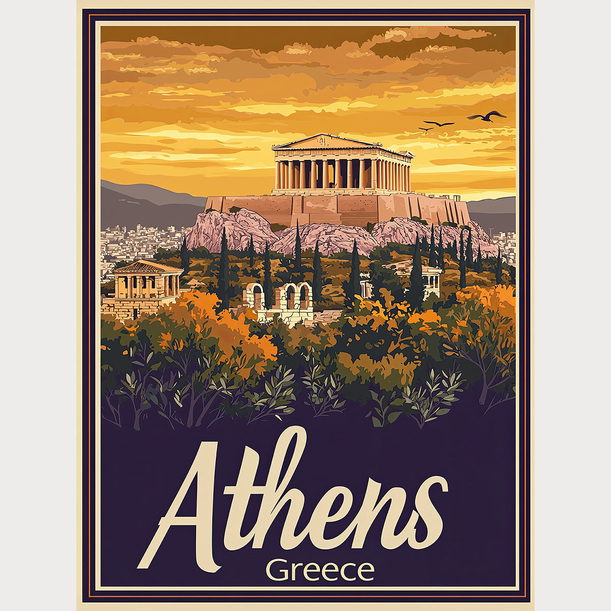 Vintage travel poster of Athens, Greece featuring the Parthenon at sunset surrounded by lush landscape.