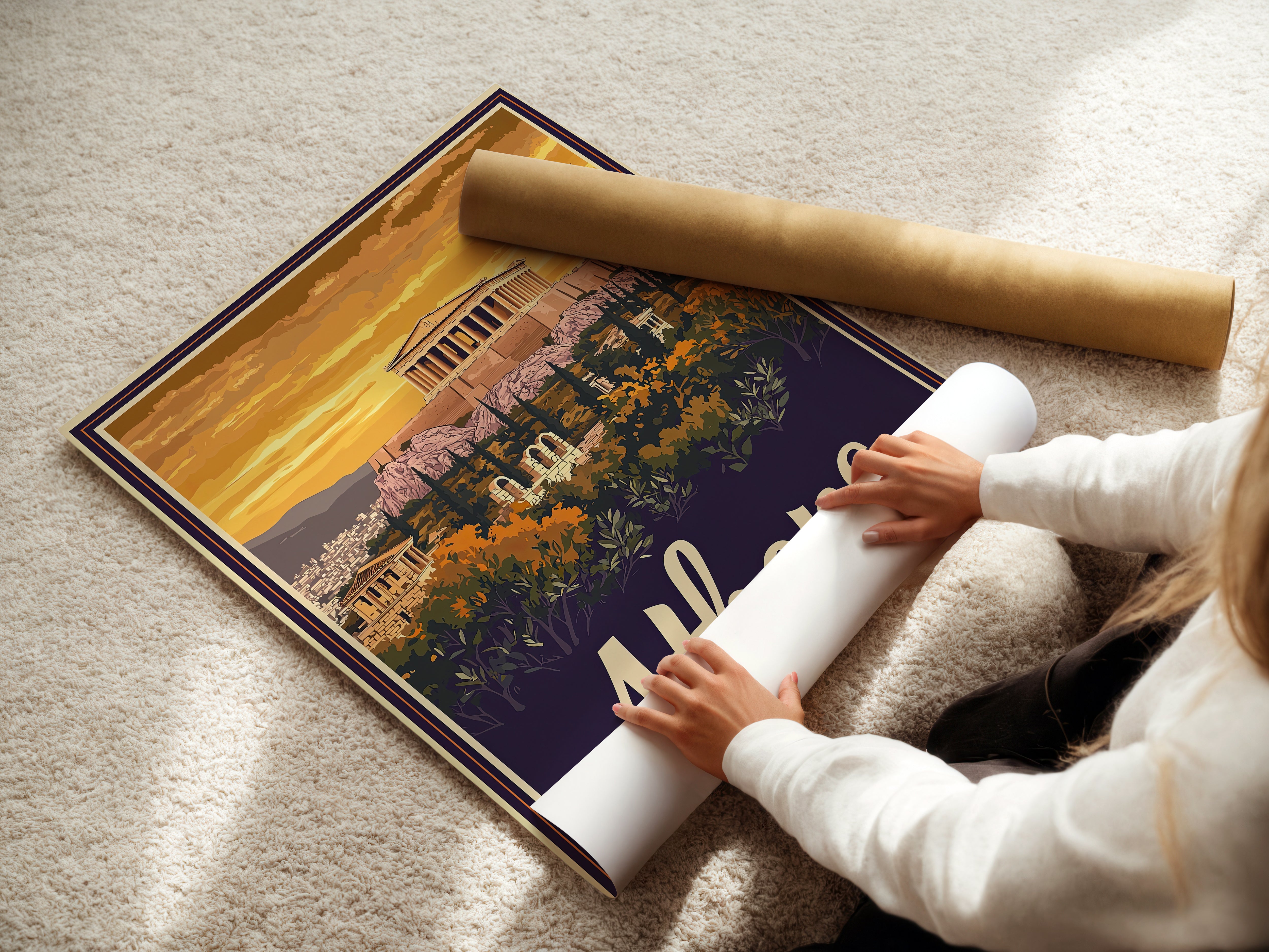 Person unrolling a vintage travel poster of the Parthenon in Athens, Greece at sunset, showcasing stunning landscape and architecture.