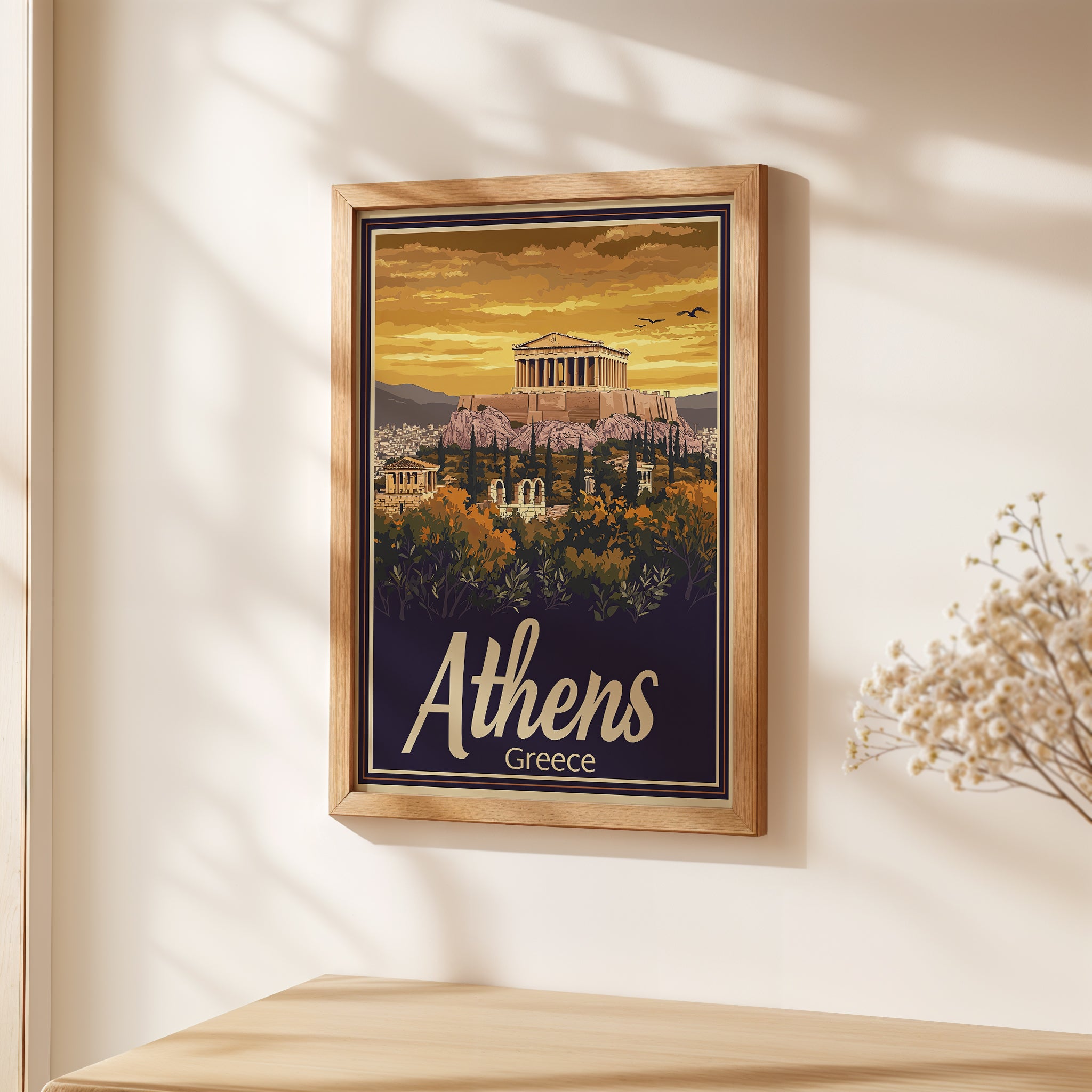 Vintage travel poster of Athens, Greece featuring the Parthenon at sunset, showcasing classic architecture and landscape.